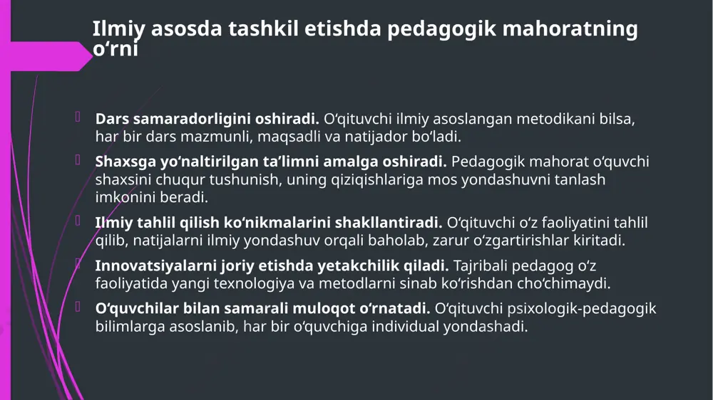 mehnati barkamol avlodni tarbiyalashga, ularda tashabbuskorlik, faollik, ishbilarmonlik, ijodkorlik, tadbirkorlik hislatlarini va ma’naviy ongini shakllantirishga qaratilgan. jamiyatdagi global o‘zgarishlar, texnik va texnologik taraqqiyot, dunyoviy fanlardagi o‘zgarishlar va yangiliklar uning sharafli mehnatiga ta’sir qiladi. buning uchun ijodkorlik talab etiladi. ijodkorlik esa faqat qizg‘in mehnat tufayli sodir bo‘ladigan faoliyat shakli o‘qituvchi: •mehnatsevarlik qadriyatlarining mohiyatini aqliy va jismoniy mehnatga ijodiy munosabat sifatida anglashi; •ongli va halol mehnati bilan, jamiyatning ijtimoiy va iqtisodiy, moddiy va ma’naviy rivojlanishiga ta’sir etishi; • o‘z mehnati natijalaridan g‘ururlana olishi; • o‘quvchilarga ta’lim va tarbiya berishda jamiyat oldidagi mas’u-liyatini doimo his etishi lozim. o‘qituvchi mehnatidagi kasbiy natijalar uning umuminsoniy va ma’-naviy qadriyatlarga bo‘lgan munosabati bilan o‘lchanishi evropa olimla-rining ham ilmiy tadqiqot ishlaridan keng o‘rin olgan. jumladan, k. klakxon o‘qituvchining kasbiy faoliyatida umuminsoniy qadriyatlarga nisbatan munosabatini turkumlarga ajratib, quyidagicha ta’rif beradi: "qadriyatlar - oshkora yoki yashiringan, individga yoki guruhga xos bo‘lgan orzu-itsak haqidagi tasavvur bo‘lib, ular tomonidan kasbiy fao-liyat yuzasidan …