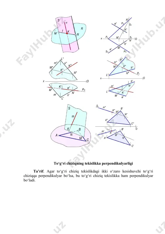 un na’muna. berilgan a(217, 15, 34), b(183, 81, 60), d(140, 38, 0) с(122, 33, 48) nuqtalarning koordinatalari orqali ∆abd (∆a'b'd', ∆a''b''d'') tekislik va c(c', c'') nuqtaning proyeksiyalari yasaladi. ∆abd tekislikning bosh chizig‘i h(h', h'') o‘tkaziladi. ∆abd tekislik frontal proyeksiyalovchi vaziyatga keltiriladi. buning uchun tekislik uchlari – a, b, d nuqtalar h1, h2, h3 harakat tekisliklarida ixtiyoriy trayektoriyada harakatlantirilib (berilgan tekislik frontal proyeksiyalovchi vaziyatga kelguncha) parallel ko‘chiriladi. endi ox o‘q davom ettiriladi va h tekislikda (chizma qog‘ozining bo‘sh joyida) ixtiyoriy nuqta tanlanadi hamda u a'1 deb nomlanadi. a'1 nuqta – fazodagi a nuqtaning ixtiyoriy trayektoriyada harakatlantirilib, parallel ko‘chirilgan yangi gorizontal proyeksiyasidir. a'1 nuqtadan ox o‘qqa perpendikular qilib ∆abd tekislik gorizontalining h'1 proyeksiyasi chiziladi. h'1 chiziqqa a'1 nuqtadan boshlab a'1' masofa o‘lchab qo‘yiladi va 1'1 nuqta belgilanadi. a'1 dan r1=a'b', 1'1 nuqtadan r2=1'b' radiusda aylana yoylari chiziladi. bu yoylar o‘zaro kesishib, b'1 nuqtani beradi. d nuqtaning d'1 proyeksiyasi ham xuddi b'1 kabi …