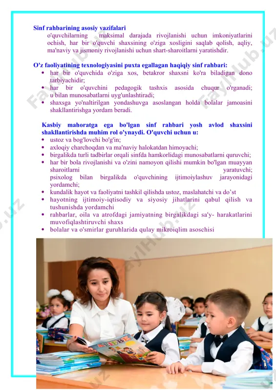 umat ruhida tarbiyalash ota-onalar va mahalla bilan hamkorlik · barkamol avlodni tarbiyalashda "oila - mahalla - ta'lim muassasasi" hamkorligidagi jamoat kengashi faoliyatini keng tatbiq etish · o'quvchilarni ijtimoiy himoya qilish bo'yicha aniq chora-tadbirlar belgilash · o'quvchilarning ta'lim muassasasiga belgilangan maktab formasida kelishlarini nazorat qilish · o'quvchilarning kundalik.com elektron platformasidan foydalanishini nazorat va tahlil qilish, o'quv qurollarining mavjudligi va to'g'ri tartibli saqlashlarini kuzatib borish, natijalarini ota-onalar bilan muhokama qilish · o'quvchilarning turli salbiy diniy oqimlar ta'siriga tushib qolishining oldini olish, ularda bu borada immunitet shakllanishi uchun targ'ibot ishlarini olib borish · ota-onalar bilan hamkorlikda ota-onalar majlislari, davra suhbatlari, muloqotlar uyushtirish · darslarga surunkali va muntazam kelmaydigan, tarbiyasi og'ir o'quvchilar bilan ishlashda ularning ota-onalari, fuqarolarning o'zini o'zi boshqarishvahuquq-tartibot organlari bilan hamkorlik qilish o'quvchilarning bo'sh vaqtlarini mazmunli tashkil etish, maktabdan va sinfdan tashqari faoliyatga jalb etish: · o'quvchilarning qiziqishi, imkoniyati va qobiliyatlariga qarab fan · to'garaklari, sport seksiyalari, badiiy-estetik, texnik, ekologik, sayyohlik va …