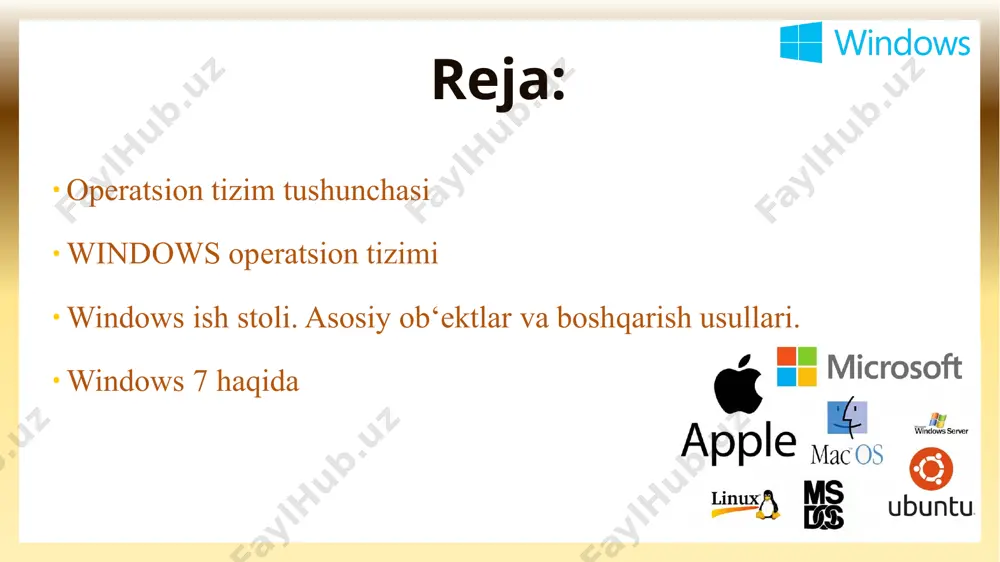 aruvni yana o‘ziga olish kabi ishlarni xam bajaradi. operatsion tizimning vazifasi operatsion tizimning vazifasi kompyuter ishini boshqarishdan iborat, ya‘ni u dasturlarni ishga tushiradi, ma‘lumotlar ximoyasini ta‘minlaydi, foydalanuvchilarning va dasturlarning talablari bo’yicha turli servis amallarini bajaradi, printer va boshqa kompyuterga ulangan «tashqi» qurilmalar ishini boshqaradi. kompyuterga yuklanuvchi ixtiyoriy dastur operatsion tizim xizmatidan foydalanadi, shuning uchun bu dastur faqat unga shu xizmatlarni ta‘minlab beruvchi os boshqaruvida ishlaydi. otni tanlash juda muxim, chunki u foydalanuvchi kompyuterida kaysi dasturlar bilan ishlash mumkinligini, uning ma‘lumotlari ximoyasining darajasini, qanday apparat vositalari kerakligini va xakozolarni aniqlaydi. operatsion tizim sifatlari qulaylik samaradorlik himoyalash ishonchlilik operatsion tizim quyidagi sifatlarga ega bo'ladi: windows operatsion tizimi tarixi operatsion tizimlarning rivojlanishi foydalanuvchining turli talablari asosida xotirada kam joy egallaydigan, kompyuter ichki resurslarini optima boshqaradigan va bir vaqtda bir necha xil dasturlarning ishlashini ta`minlay oladigan tizimlarning yaratilishiga olib keldi. natijada 1990 yilda windows 3.0 dasturlar tizimi yaratildi. uning asosiy afzalligi bir vaqtda bir …