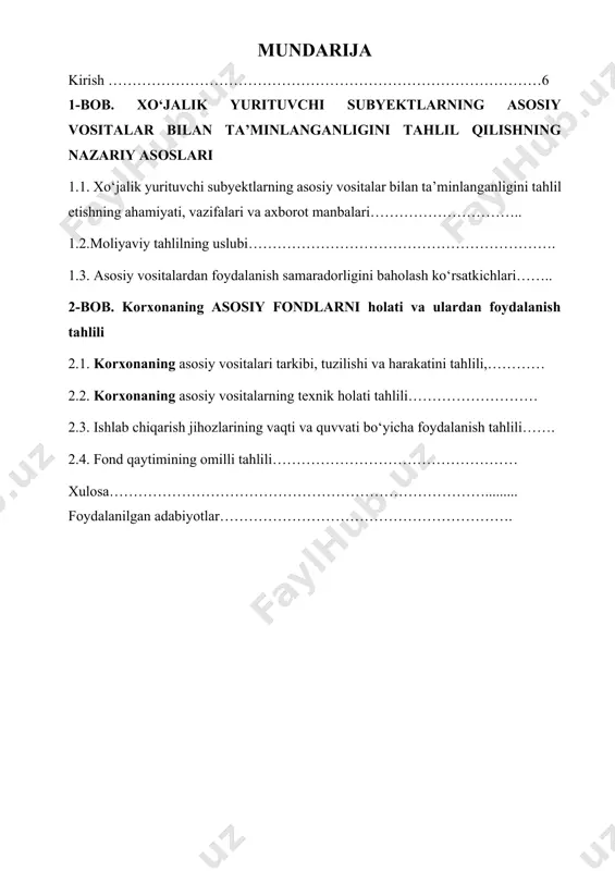 dalanish darajasi va yangilanish sur’atlari atroflicha o‘rganiladi. bu esa korxonaning moliyaviy-iqtisodiy salohiyatini baholash hamda takomillashtirish yo‘nalishlarini aniqlash imkonini beradi. kurs ishining dolzarbligi: hozirgi kunda o‘zbekiston respublikasi sanoat tarmoqlari oldida turgan eng muhim vazifalardan biri — ishlab chiqarish quvvatlarining yangilanishini ta’minlash, eskirgan uskunalarni zamonaviy texnologiyalar bilan almashtirish hamda fondlardan samarali foydalanishni yo‘lga qo‘yishdir. asosiy ishlab chiqarish fondlarining tahlili bu borada muhim ahamiyat kasb etadi, chunki u korxonaning real holatini aniqlash, ishlab chiqarish quvvatlarini baholash, investitsiya ehtiyojlarini belgilash hamda uzoq muddatli rivojlanish strategiyasini shakllantirishga yordam beradi. ayniqsa, kimyo sanoatida faoliyat yuritayotgan va respublika iqtisodiyotida muhim o‘rin egallagan “farg‘onaazot” aj ning asosiy fondlarini o‘rganish ushbu jarayonning dolzarbligini yanada oshiradi. korxonada mavjud uskunalar, ishlab chiqarish liniyalari va texnologik tizimlarning hozirgi holati, ularning qay darajada samarali ishlatilayotgani va qanday yangilanish talab etilayotgani iqtisodiy islohotlarning muvaffaqiyatli amalga oshirilishida muhim mezon hisoblanadi. kurs ishining maqsadi ushbu kurs ishining asosiy maqsadi — “farg‘onaazot” aj ning asosiy ishlab chiqarish …