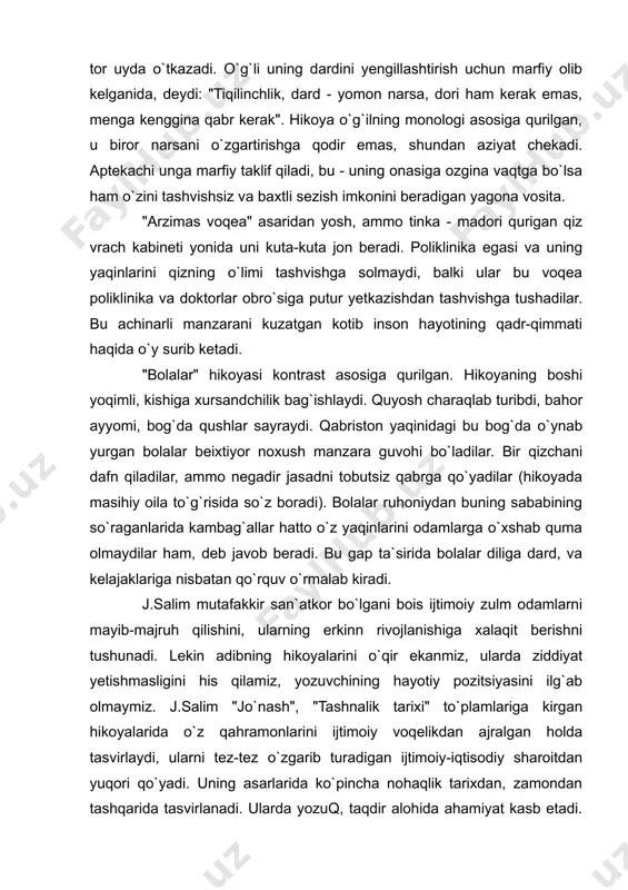 mlarni mayib-majruh qilishini, ularning erkinn rivojlanishiga xalaqit berishni tushunadi. lekin adibning hikoyalarini o`qir ekanmiz, ularda ziddiyat yetishmasligini his qilamiz, yozuvchining hayotiy pozitsiyasini ilg`ab olmaymiz. j.salim "jo`nash", "tashnalik tarixi" to`plamlariga kirgan hikoyalarida o`z qahramonlarini ijtimoiy voqelikdan ajralgan holda tasvirlaydi, ularni tez-tez o`zgarib turadigan ijtimoiy-iqtisodiy sharoitdan yuqori qo`yadi. uning asarlarida ko`pincha nohaqlik tarixdan, zamondan tashqarida tasvirlanadi. ularda yozuq, taqdir alohida ahamiyat kasb etadi. qator hikoyalar personajlari o`tmishni qoralaydilar, o`zlari yashab turgan shahardan nafratlanadilar. biz ularda o`z g`azabini pinhon tutib qahvaxonada, sahroda tanho o`tirgan yoki ko`chalarda, yovvoyi tabiat qo`ynida kezib uni tushunayotgan hayotni, odamlarni la`natlab yurgan qahramonni ko`ramiz. "jo`nash" to`plami hikoyalaridagi qahramonlar g`ayri-tabiiy holatlarda yashab, tafakkur qiladilar. ular shartli "sin" harfi bilan ataladilar. "poyezd" hikoyasida sin kutilmaganda o`zini yurib ketayotgan poyezdning bir vagonida o`tirgan holda ko`radi. "men qanday bu yerga kelib qoldim, meni bu vagonda kim chiqazib qo`ydi, oldin qayerda edim?" - so`raydi u o`zidan. o`ikoyada yurib ketayotgan poyezd - hayot ramzi, uning …