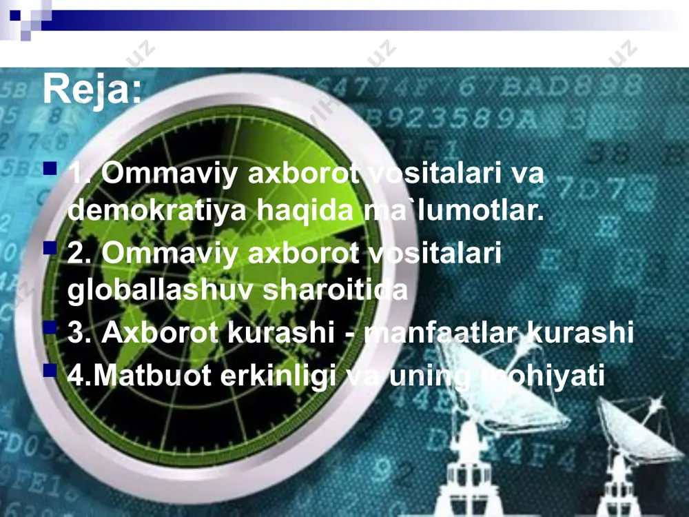 tida doimo muhim o`rin tutib kelgan. sivilizatsiyalashgan har qanday jamiyatda har qanday ijtimoiy-siyosiy harakat matbuotsiz bo`lib o`tishi mumkin emas. hozirgi zamon insoniyati hayotini matbuotsiz, gazeta va jurnallarsiz, radio va teleko`rsatuvlarsiz tasavvur etib bo`lmaydi. inson nonsiz, noz-ne’matlarsiz yashay olmaganidek ma’naviy ozuqa bo`lmish matbuotsiz ham yashay olmaydi. ommaviy axborot vositalari – gazeta, jurnal, radio, televidenie, axborot agentliklari, internet jurnalistikasi jamiyat yangilanayotgan, hayot yangicha mazmun kasb etayotgan hozirgi paytda erkin so‘z, hur fikr va ozod inson taqdiri bilan bog‘liq ijtimoiy-siyosiy, iqtisodiy, ma’naviy-ma’rifiy jarayonlarga, insonlar faoliyatining barcha tomonlariga ta’sir ko‘rsatuvchi g‘oyaviy vosita bo‘lib xizmat qilmoqda, hozirjavob minbarga aylanmoqda. bu mamlakatimizda huquqiy davlat va fuqarolik jamiyati asoslari shakllanayotgan ayni davrda, ayniqsa, dolzarb ahamiyat kasb etmoqda. bugungi kunda oav, axborot kommunikatsiya texnologiyalari hayotimizga shu qadar jadal kirib kelmoqdaki, endilikda ularsiz biror bir sohaning istiqbolini tasavvur qilish qi­yin. shu bois, dunyoning rivojlangan davlatlari qatorida mamlakatimizda ham prezidentimiz rahnamoligida mazkur sohani har tomonlama taraqqiy ettirishga eng muhim ustuvor …