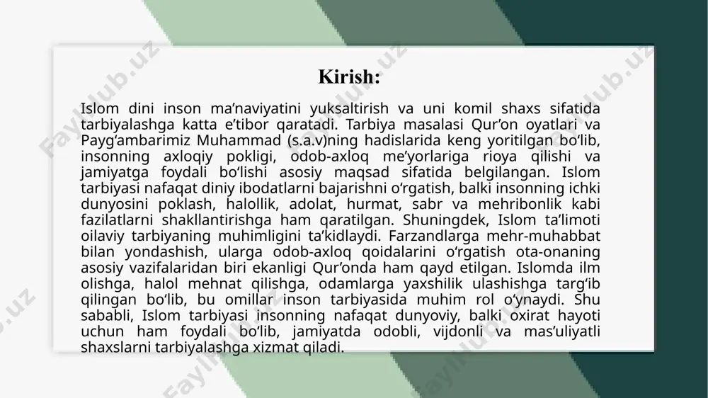 hlaridan biridir. qur’onda va payg‘ambar muhammad (s.a.v.)ning hadislarida farzandlarga yaxshi tarbiya berish haqida ko‘plab ta’kidlar keltirilgan. ota-ona farzandiga halol rizq topish, odob-axloq o‘rgatish va unga to‘g‘ri yo‘lni ko‘rsatish bilan mas’uldir. bolalikdan boshlab ularni e’tiqod, sabr, mehr-muhabbat va odillik bilan tarbiyalash kelajakda yaxshi inson bo‘lib yetishishiga sabab bo‘ladi. islomda ota-onaning tarbiyasi nafaqat dunyoviy, balki oxirat saodatiga ham ta’sir qiluvchi muhim omil sifatida qaraladi. islomda ota-ona farzandning birinchi murabbiyi hisoblanadi. farzandning axloqi, dunyoqarashi va hayotga munosabati avvalo ota-onaning tarbiyasiga bog‘liq. qur’onda ota-onalar farzandlariga yaxshi xulq-atvor o‘rgatish va ularni solih inson bo‘lib yetishtirishga da’vat etilgan. payg‘ambar muhammad (s.a.v.) ham ota-onalarga farzandlariga mehribon bo‘lish, ularga adolatli munosabatda bo‘lish va diniy tarbiya berish lozimligini uqtirgan. farzandga to‘g‘ri tarbiya berish nafaqat uning hayotini obod qiladi, balki ota-onaning oxiratdagi mukofotiga ham sabab bo‘ladi. shuning uchun ota-onalar farzandlariga nafaqat moddiy, balki ma’naviy va axloqiy jihatdan ham g‘amxo‘rlik qilishlari kerak. islomda ota-ona farzand tarbiyasida asosiy ustoz va yo‘l ko‘rsatuvchi …