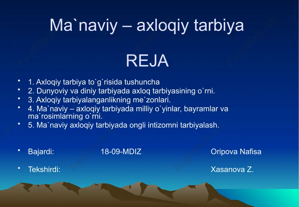 . ljobiy emotsional sharoit yaratish, ya'ni, bayramlarni nishonlash. 5. talabalarni qonun - qoidaga rioya qilishga o'rgatish. 6. ijtimoiy ongni shakllantiruvchi tushuntirish, uqtirish, suhbat, munozara, ma'ruza, rag'batlantirish, jazolash usullaridan foydalanish. 7. ijtimoiy axloqni shakllantirishda mashq, o'rnak usullaridan foydalanish. 8. muloqot soatlari saviyasini oshirish. 9. mehnat ilg'orlari, ilm - fan xodimlari, mehnat va urush faxriylari, vasiylar va homiylar bilan uchrashuvlar tashkil qilish . 10. turli badiiiy - adabiy kechalar, tadbirlar, bellashuvlar, olimpiadalar o'tkazish. 11. sharq qadriyatlari va milliy an'analar aks etgan asarlarni muntazam ravishda mutoaala qilib , munozaralar o'tkazib turish. 2. o'tmish diniy va dunyoviy bilim egalari, axloqiy-ma'naviy tarbiya to'g'risida. axloqiy - ma'naviy tarbiyaga sharqda azaldan e'tibor qaratilgan. fikrimizning dalili sifatida quyidagi misollarni keltiramiz: axloq - odobga oid hadis namunalart: 1. limning ofati - esdan chiqarmoqlik va ilmga rag'bati bo'lmagan kishilarga o'rgatib, uni zoe ketkazmoqlikdir. 2. chaqimchilik, nima, bilasizmi? u - odamlarning gaplarini (ularning o'zaro munosabatini buzish niyatida) bir-birlarigatashimoqlikdir. 3. nagot narsalardan …