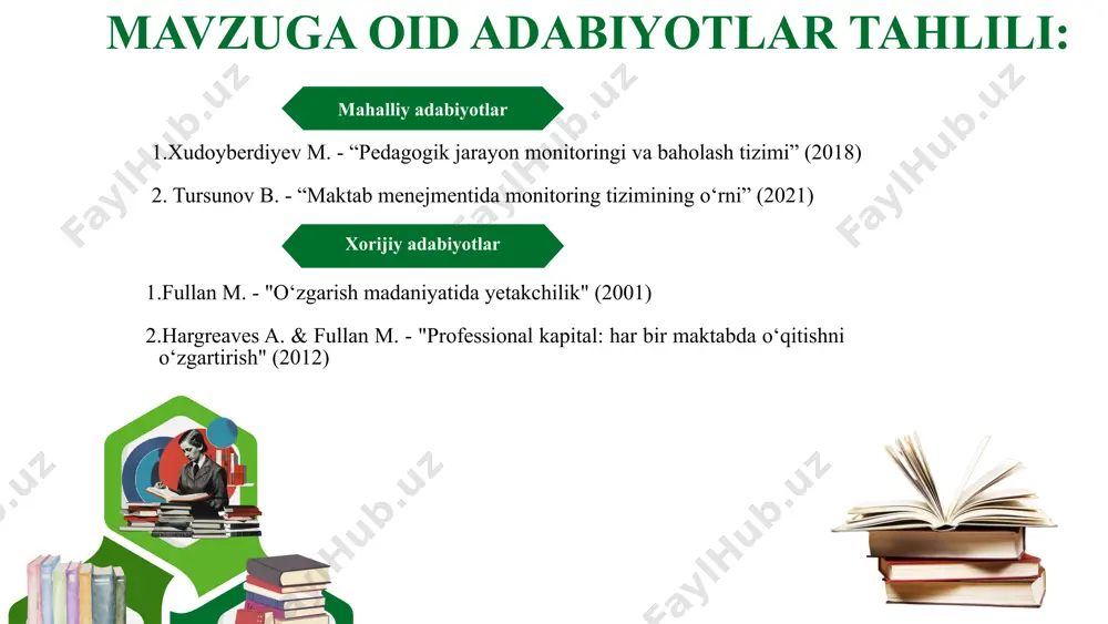 ni qayta tahlil qilish va ularni rivojlanish uchun imkoniyat sifatida qabul qilishni talab etadi. local sourcing supplier audits takliflar: tahlil va teskari aloqa – kamchiliklarni baholash va ularni bartaraf etish uchun individual hamda jamoaviy tahlil o‘tkazish malaka oshirish – aniqlangan muammolarga mos ravishda o‘qituvchilar uchun maqsadli trening va seminarlar tashkil etish mentorlik tizimini kuchaytirish – tajribali pedagoglarni kamchiliklarga duch kelgan o‘qituvchilarga yo‘lboshchi sifatida biriktirish rag‘batlantirish – kamchiliklarni tuzatgan va o‘z ustida ishlagan xodimlarni moddiy yoki ma‘naviy rag‘batlantirish tizimini joriy etish. t/r muammo muammoning yechimini amalga oshirish mexanizmi mas’ullar muddati natija 1 o‘qituvchining darslarda interfaol metodlardan samarali foydalana olmasligi o‘qituvchilar uchun seminar-treninglar tashkil etish, ilg‘or tajribalarni o‘rganish raqamli texnologiyalarning imkoniyatlaridan foydalaninb xodimlar o‘rtasida xorijiy davlatlarning zamonaviy dars o‘tish metodlarini o‘rganish va milliy ta’lim tizimimizga moslashtirib tatbiq qilish maktab metod birlashma rahbarlari, trener o‘qituvchilar o‘quv yili davomida interfaol metodlarni qo‘llash darajasi oshadi o‘quvchilar zamonaviy texnologiyalar asosida ta’lim oladilar hamda ularning bilim darajasi …