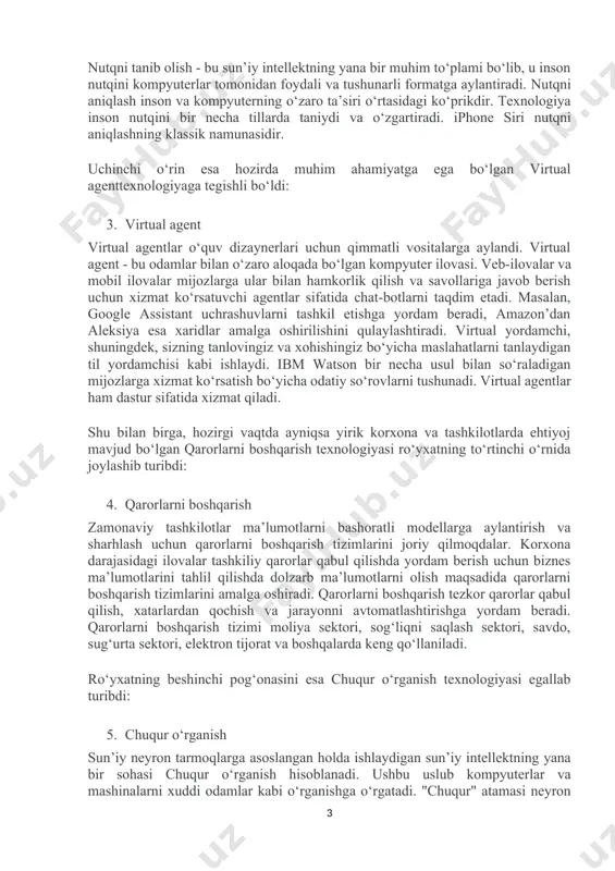 h texnologiyasi ro‘yxatning to‘rtinchi o‘rnida joylashib turibdi: 4. qarorlarni boshqarish zamonaviy tashkilotlar ma’lumotlarni bashoratli modellarga aylantirish va sharhlash uchun qarorlarni boshqarish tizimlarini joriy qilmoqdalar. korxona darajasidagi ilovalar tashkiliy qarorlar qabul qilishda yordam berish uchun biznes ma’lumotlarini tahlil qilishda dolzarb ma’lumotlarni olish maqsadida qarorlarni boshqarish tizimlarini amalga oshiradi. qarorlarni boshqarish tezkor qarorlar qabul qilish, xatarlardan qochish va jarayonni avtomatlashtirishga yordam beradi. qarorlarni boshqarish tizimi moliya sektori, sog‘liqni saqlash sektori, savdo, sug‘urta sektori, elektron tijorat va boshqalarda keng qo‘llaniladi. ro‘yxatning beshinchi pog‘onasini esa chuqur o‘rganish texnologiyasi egallab turibdi: 5. chuqur o‘rganish sun’iy neyron tarmoqlarga asoslangan holda ishlaydigan sun’iy intellektning yana bir sohasi chuqur o‘rganish hisoblanadi. ushbu uslub kompyuterlar va mashinalarni xuddi odamlar kabi o‘rganishga o‘rgatadi. "chuqur" atamasi neyron tarmoqlarda yashirin qatlamlarga ega bo‘lgani uchun yaratilgan. odatda, neyron tarmoq 2-3 ta yashirin qatlamga ega va maksimal 150 ta yashirin qatlamga ega bo‘lishi mumkin. chuqur o‘rganish model va grafik ishlov berish blokini o‘rgatish uchun …