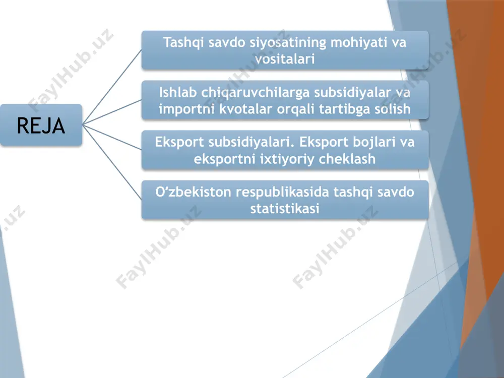 i oʻzaro farqlanadi. maxsus bojlar import qilinayotgan tovarlar birligiga nisbatan oʻrnatiladi. masalan, 1 barel neftga nisbatan 2 yevro. bojlar import qilinayotgan tovar qiymatiga nisbatan ma’lum foiz tariqasida belgilanadi. masalan avtomobil xarid narxining 40%i. har ikkala turdagi import tariflarning oqibatlari deyarli bir xil boʻlib, buni biz quyidagi grafik vositasida koʻrib chiqamiz. import qilinadigan tovarning ichki bahosi = jahon bozoridagi bahosi +(jahon bozoridagi bahosi x tarif stavkasi). import tariflari kiritilishi natijalari bojxona tariflarini kiritishni yoqlovchi mutaxassislar fikriga koʻra import tariflari: mamlakat mudofaa sanoatini himoya qilish imkonini beradi; mamlakatda bandlilik darajasi oʻsishini ta’minlaydi va yalpi talabni ragʻbatlantiradi, importning nisbatan cheklanishi natijasida sof eksport oʻsadi va joriy operatsiyalar boʻyicha toʻlov balansi holati yaxshilanadi; milliy iqtisodiyotdagi yangi tarmoqlarni himoya qilish uchun zarur; davlat byudjeti daromadlarini toʻldirish manbai boʻlib xizmat qiladi; milliy ishlab chiqaruvchilarni demping koʻrinishidagi chet el raqobatidan himoya qiladi; iqtisodiyot tuzilishini qayta qurishni boshqarish vositasi hisoblanadi va ular yordamida mamlakat iqtisodiyotidagi ilgʻor siljishlar ragʻbatlantiriladi …