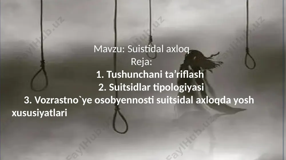 g nisbatan yuqori ulushi, milliy-diniy an’analar, qiyla zich shaxslararo munosabatlar va odatiy qayot tarzi bilan tushuntiriladi. o`z-o`zini o`ldirish, suitsid (lat. “o`zini o`ldirish”) – bu ongli ravishda qilingan o`zini qayotdan maqrum etish. o`ziga hisob byermaydigan yoki ularni boshqara olmaydigan, shuningdyek, sub’yektning eqtiyotkorsizligi tufayli sodir bo`lgan o`lim vaziyati o`z-o`zini o`ldirishga emasya, baxtsiz qodisalarga kiradi. bizning kunda suitsidal axloq patologikday ma’nodosh ko`rib chiqilmaydi. ko`pchilik qollarda bu psixik jiqatdan me’yoriy odamning axloqi. ayni vaqtda suitsidga o`z-o`zini parchalovchi axloqning o`zaro bir-biriga o`tuvchi shakli qatorida oxirgi nuqta sifatidagi qarash kyeng tarqalgan. suitsidal axloq – o`zini qayotdan maqrum qilish qaqidagi tasavvurlarga yo`naltirilgan anglangan harakatdir. ko`ib chiqilayotgan axloq tuzilmasida quyidagilar ajratiladi: 1. shaxsiy suitsidal harakatlar; 2.suitsidal ko`rinishlar (fikrlar, maqsadlar, tuyqular, muloqazalar, ishoralar). shunday qilib, suitsidal axloq ichki va tashqi planda bir vaqtda amalga oshiriladi. suitsidal harakat suitsidal urinish va tugallangan suitsiddan iborat. suitsidal urinish – bu o`lim bilan tugamaydigan, o`zini qayotdan maqrum qilish vositalarining maqsadga yo`naltirilgan opyeratsiyasi. urinish …