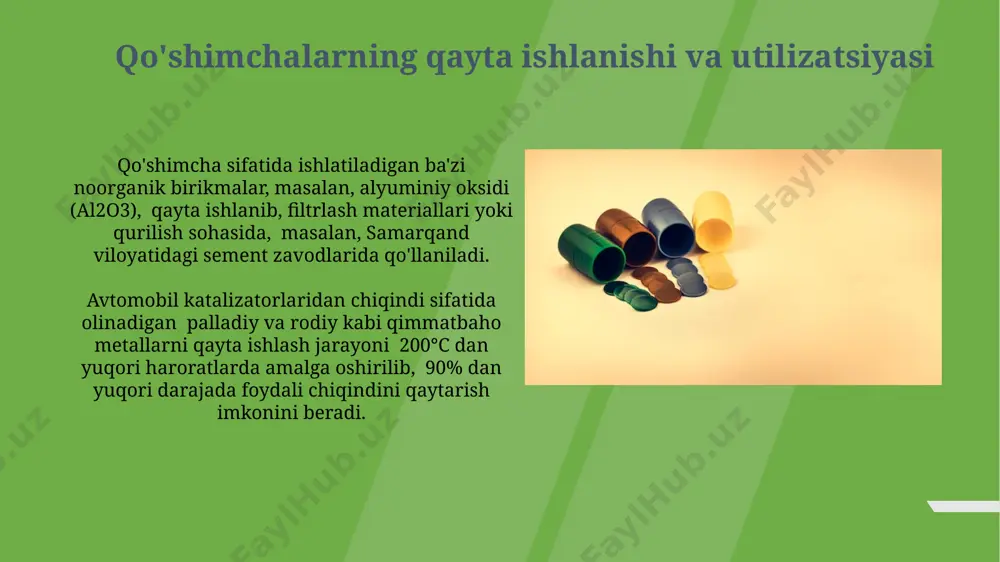 irt maydoni tufayli yuqori katalitik faollikka ega, bu esa rossiyaning novosibirsk shahridagi tadqiqotlarda tasdiqlangan. qo'shimchalarning korroziyaga chidamliligi qo'shimchalarning korroziyaga chidamliligi, masalan, 316l zanglamaydigan po'latdan yasalgan katalizator yadrolarida 900°c dan yuqori haroratlarda ham 5 yildan ortiq ishlash muddatini ta'minlaydi, bu esa aqshning texas shtatidagi neftni qayta ishlash zavodlarida isbotlangan. nikel-alyuminiy qotishmalaridan tayyorlangan katalizator yadrolari, o'rtacha 7-8% krom qo'shilishi hisobiga, rossiyaning sibir mintaqasidagi qattiq iqlim sharoitida ham 15 yildan ortiq korroziyaga chidamlilikni namoyon etadi. qo'shimchalarning qo'llanilish sohalari katalizator yadrosi sifatida ishlatiladigan qo'shimchalar neftni qayta ishlash zavodlarida, masalan, o'zbekistonning "muborakneftgaz" kompaniyasida, yillik 5 million tonnadan ortiq neftni qayta ishlashda muhim rol o'ynaydi. polimer sintezi jarayonlarida, xususan, 1000 dan ortiq turdagi polimerlarni ishlab chiqarishda, qo'shimchalar sifatida katalizator yadrolari reaksiya tezligini 2-3 barobar oshirishga qodir. qo'shimchalarning mexanik mustahkamligi qo'shimchalarning mexanik mustahkamligi, masalan, 50 mpa dan yuqori bosimga chidamlilik ko'rsatkichi bilan, germaniyada ishlab chiqarilgan polimer matritsali kompozit materiallarida kuzatilgan. o'zbekistonning andijon viloyatida o'tkazilgan sinovlarda, qo'shimcha sifatida …