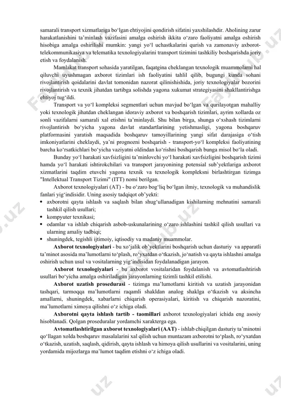 ob’yektlarini boshqarish uchun dasturiy va apparatli ta’minot asosida ma’lumotlarni to‘plash, ro‘yxatdan o‘tkazish, jo‘natish va qayta ishlashni amalga oshirish uchun usul va vositalarning yig‘indisidan foydalanadigan jarayon. axborot texnologiyalari - bu axborot vositalaridan foydalanish va avtomatlashtirish usullari bo‘yicha amalga oshiriladigan jarayonlarning tizimli tashkil etilishi. axborot uzatish prosedurasi - tizimga ma’lumotlarni kiritish va uzatish jarayonidan tashqari, tarmoqqa ma’lumotlarni raqamli shakldan analog shaklga o‘tkazish va aksincha amallarni, shuningdek, xabarlarni chiqarish operasiyalari, kiritish va chiqarish nazoratini, ma’lumotlarni ximoya qilishni o‘z ichiga oladi. axborotni qayta ishlash tartib - taomillari axborot texnologiyalari ichida eng asosiy hisoblanadi. qolgan proseduralar yordamchi xarakterga ega. avtomatlashtirilgan axborot texnologiyalari (aat) - ishlab chiqilgan dasturiy ta’minotni qo‘llagan xolda boshqaruv masalalarini xal qilish uchun muntazam axborotni to‘plash, ro‘yxatdan o‘tkazish, uzatish, saqlash, qidirish, qayta ishlash va himoya qilish usullarini va vositalarini, uning yordamida mijozlarga ma’lumot taqdim etishni o‘z ichiga oladi. avtomatlashtirilgan axborot texnologiyalarining asosiy maqsadi - birlamchi ma’lumotlarni qayta ishlash orqali yangi sifatli axborotni olishdir, …