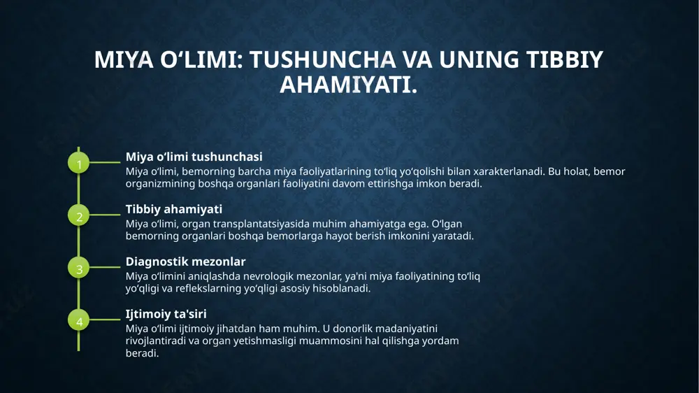 shda, nevrologik mezonlar, ct va mrt kabi tasviriy usullar, hamda klinik baholash muhim ahamiyatga ega. organ transplantatsiyasining tibbiy asoslari va muhimligi. 1 organ transplantatsiyasi - organ transplantatsiyasi, bemorlarning hayotini saqlab qolish uchun zarur bo'lgan organlarni o'zaro almashish jarayonidir. 2 tibbiy asoslar - organ transplantatsiyasi tibbiyotda muhim rol o'ynaydi, chunki u og'ir kasalliklarni davolash va bemorlarning hayot sifatini oshirishga yordam beradi. 3 aholi ehtiyoji - o'zbekistonda organ transplantatsiyasiga bo'lgan talab ortmoqda. aholi orasida organ yetishmovchiligi muammosi dolzarbdir va yechim izlanmoqda. 4 qonuniy asoslar - organ transplantatsiyasi jarayoni qonuniy tartibga solinadi. o'zbekistonda donorlik va transplantatsiya uchun zarur huquqiy normativlar mavjud. etik masalalar: donorlik va qabul qiluvchilar huquqlari. 1 donorlik tushunchasi donorlik, o‘limdan keyin a’zolarni olish jarayonidir. bu jarayon donorning roziligi bilan amalga oshiriladi va tibbiy etikaga muvofiq. 2 qabul qiluvchilar huquqi a’zolarni qabul qiluvchilar o'z huquqlariga ega. ular ma'lumot olish, adolatli muomala va to‘g‘ri tibbiy yordamga intilishlari zarur. 3 etik muammolar donorlik …