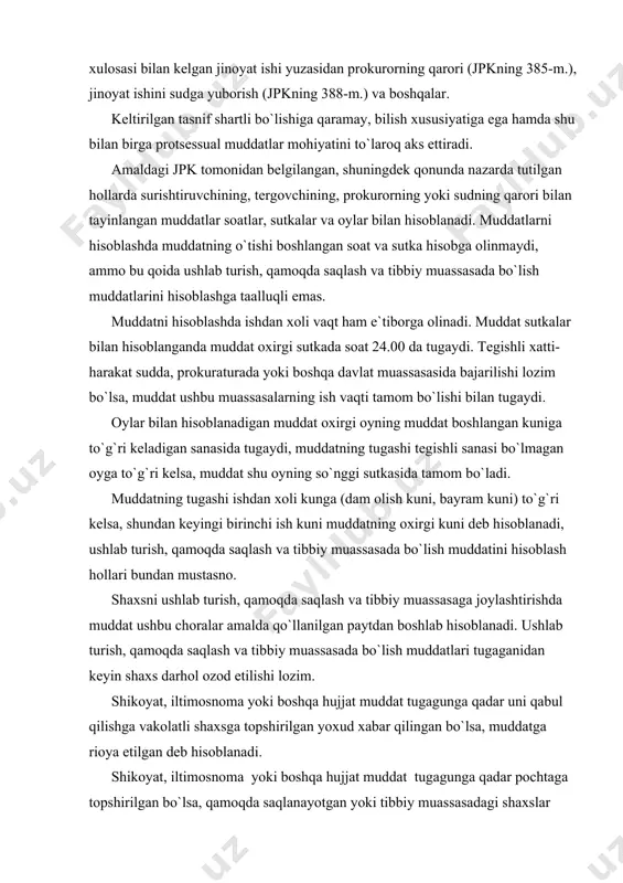 olatli shaxsga topshirilgan yoxud xabar qilingan bo`lsa, muddatga rioya etilgan deb hisoblanadi. shikoyat, iltimosnoma yoki boshqa hujjat muddat tugagunga qadar pochtaga topshirilgan bo`lsa, qamoqda saqlanayotgan yoki tibbiy muassasadagi shaxslar uchun esa dastlabki qamoq yoki tibbiy muassasa ma`muriyatiga topshirilgan bo`lsa, muddat o`tgan deb hisoblanmaydi. protsessual muddatlarning mavjudligi barcha protsess ishtirokchilarini intizomga chaqiradi, ularni o`z vaqtida muayyan harakatlarni amalga oshirishga majbur etadi. muddatlarni buzish ularga rioya etishga majbur bo`lgan shaxslar uchun tegishli oqibatlarga olib kelishga sabab bo`lishi mumkin. protsessual muddatlarga rioya etish dastlabki tergov va sudda qonuniylikka rioya etish ko`rsatkichlaridan biri hisoblanadi. prokuror nazorati ham ularga rioya etishga qaratilgandir. ular faqat jpkda nazarda tutilgan hollardagina uzaytirilishi mumkin. qonunda nazarda tutilgan hollarda surishtiruvchi, prokurorning qarori yoki sudning ajrimi bilan muayyan harakatni bajarish uchun belgilangan muddat manfaatdor protsess ishtirokchisi qilgan iltimosga binoan muddatni belgilagan surishtiruvchi, tergovchi, prokurorning qarori yoki sudning ajrimi bilan uzaytirilishi mumkin. ayrim hollarda uzrli sabablarga ko`ra o`tkazib yuborilgan muddat ish yuritayotgan …