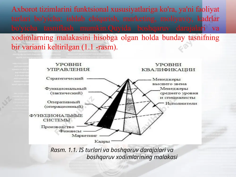 ladi. korxonalararo at bir nechta tashkilotlar bilan bog'langan. qo‘llanish sohasi bo'yicha at tasnifi at bo'limlari odatda bir sohadagi muammolarni hal qilish uchun mo'ljallangan. quyidagi ip turlari eng keng tarqalgan: buxgalteriya hisobi; moliyaviy tahlil; marketing; inson resurslarini boshqarish; ishlab chiqarish. qo‘llanish maqsadlari bo'yicha at tasnifi is tomonidan ko'rsatiladigan qo'llab -quvvatlash turi bilan bog'liq: ma'lumotlarni qayta ishlash (operatsion), xizmatchilarning ishini avtomatlashtirish; mis (boshqaruv uchun at); ofislarni avtomatlashtirish tizimlari (oas); qarorlarni qo'llab -quvvatlash tizimlari (dss); 5. ijroiya at, funktsiyalarni avtomatlashtirish uchunyuqori menejerlar; guruhlarda jamoaviy ishlashni avtomatlashtirish uchun guruhlarni qo'llab -quvvatlash tizimlari; intellektual at, ulardan eng keng tarqalgani ekspert tizimlari. arxitektura bo'yicha at tasnifi atning tuzilishi uning maqsadiga bog'liq. asosiy talablar: infologik modelni yaratish (kirish, chiqish, oraliq ma'lumot), at arxitekturasi, uning elementlari (kompyuterlar, tarmoq, dasturiy ta'minot) aniqlanadi. arxitekturaning uch turi mavjud: mainframe asosidagi atlar - bu korporativ ma'lumotlar markazidagi ma'lumotlar ombori yoki markaz, foydalanuvchilar bilan ish stantsiyalari yoki terminallar kabi kam quvvatli qurilmalar orqali …