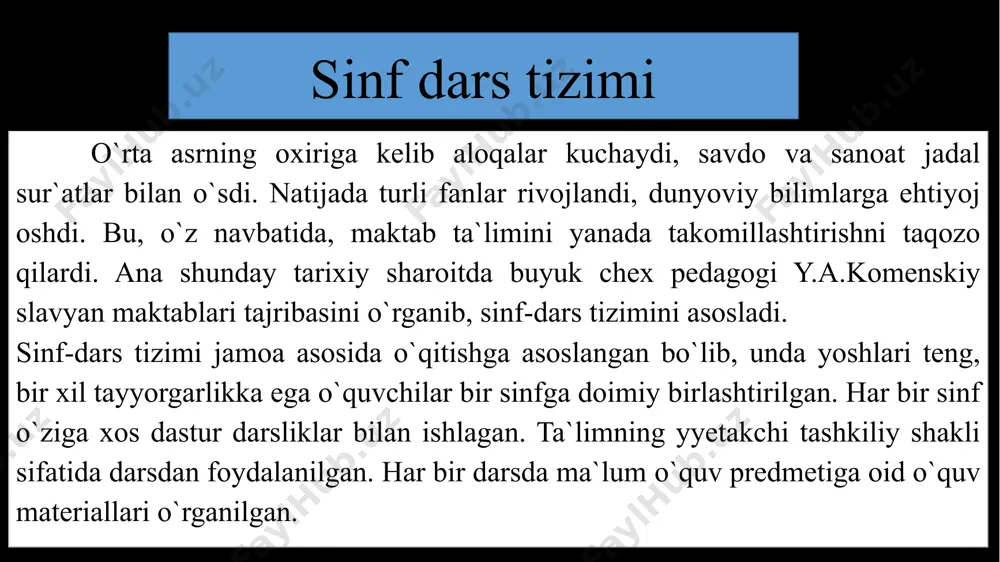 quvvatlashi oqibatida aqshda yelena parkxerst tomonidan asoslangan edi. dalton-shaharning nomi. dalton-reja tizimiga ko`ra har bir o`quvchi o`zining imkoniyatiga yarasha individual o`qirdi. darslarda har bir o`quvchining kuchi etadigan mustaqil ish asosida bolalarning o`quv ishlari tashkil etilardi. o`quvchilarning o`zlashtirishini nazorat etish uch xil kartochka asosida olib borilgan: instruktorning laboratoriya kartochkasi; o`quvchining shaxsiy individual hisob-kitob kartochkasi; sinfning hisob-kitob kartochkasi. instruktorning laboratoriya kartochkasida o`rganiladigan o`quv predmeti, sinf o`quvchilarining ismi familiyasi, o`quv haftalariga bo`lingan ish dasturi qayd etilgan. individual kartochkada bola u yoki bu o`quv predmeti bo`yicha o`zi bajargan ishlarni qayd etgan. sinf kartochkasida esa barcha o`quvchilar o`quv predmetlari bo`yicha erishgan yutuqlar hisobga olingan. dalton-reja tizimi sovet pedagogikasida 20-yillarda ma`lum o`zgartirishlar bilan brigada-laboratoriya metodi termini bilan qo`llana boshlandi. “brigada” termini orqali ta`limning jamoa xarakteri, ”laboratoriya” termini vositasida esa o`quvchilarning ta`lim jarayonidagi mustaqilligi e`tirof etildi. qator sinflar tizimi. qator sinflar yoki mangeym tizimining asoschisi yozef anton zikkinger (1858-1930) edi. y.a.zikkingerning fikricha, o`quvchilar aqliy taraqqiyotining har xil …