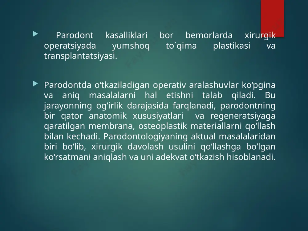 yuqori qism apikal ravishda tikilishi mumkin (5-0 yoki 6-0 chok) - donor to'qimalar kesma qabul qiluvchi joyning suyak ustiga qarab turishi uchun kiritiladi - parodontal bog’lama ixtiyoriy donor joyini tayyorlash -donor to'qima qisqarishi sababli taxmin qilingan davolovchi transplantantdan 33% kattaroq bo'lishi kerak yupqa transplantant 1,25 mm donorlarning mumkin bo'lgan joylari: tishsiz tepalik, tuberozlik, tanglay -barcha gingival chekkadan> 2 mm masofada bo'lishi kerak -qalinligi bir hil holga keltiring -temirlashgan to'qimalarni olib tashlang stabilizatsiya - barmoqning kuchli bosimi qabul qiluvchi joyga donor to'qimasini qo'llash uchun ishlatiladi -o'lgan makon shakllanishiga yo'l qo'ymaslik uchun tikuv -preparatning harakatchanligini tekshirish uchun yonoqdan torting. klinik misol • qisman qalinligi loskut yuqori qismida joylashgan talablar - qalin milk -suyakni keng rezektsiya qilishning hojati yo'q - ildizni qoplaydigan yetarlicha alveolyar suyak - shoxlashgan milk mavjudligi rasm. klinik misol jarayon - tishga (a) parallel ravishda qisman loskut qalinligini hosil qiluvchi kombinatsiyalangan kesma. - o'tkir kesim bilan ko'tarilgan to'qish (b) -perioste …