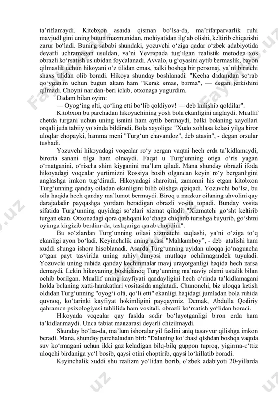 deyarli uchramaydi. bunga iqror bo‘lmoq uchun hamza hakimzoda niyoziyning "yangi saodat" deb atalgan "milliy ro‘mon"ini eslash kifoya. undagi asosiy qahramonlardan abduqahhor o‘qimaganligi va ichkilikka berilishi oqibatida oilasini tashlab, qovoqxonalarda sarsonu sargardon bo‘lib yuradi. uning xotini maryamxon esa erining ayanchli ahvolidan to‘g‘ri xulosa chiqargan holda qanday qilib bo‘lsa-da, o‘g‘li olimjonga yaxshi bilim berishga erishadi. bilimli va aqlli bo‘lgani uchun olimjon boy qiziga uylanib, baxtli hayotga erishadi va qovoqxonalardan otasini topib keladi hamda butun oilaning saodat yo‘liga chiqishiga sababchi bo‘ladi. ko‘rinadiki, asardagi deyarli barcha voqealar bilimli odam baxtga erishuvi haqidagi g‘oyani illustrasiya qilishga bo‘ysundirilgan. bu ham еtmagandek, asardagi deyarli barcha qahramonlar, xususan, maryamxon, muallim va olimjon ma’rifatning foydasi to‘g‘risidagi so‘zlarni, muallif g‘oyasini qayta-qayta jar solib takrorlayveradilar. shu tariqa illustrativlik va deklorativlik oqibatida "yangi saodat" "milliy ro‘mon" deb atalgan bo‘lsa-da, bu janrning embrional shakli darajasidan yuqoriga ko‘tarila olmagan. yangi o‘zbek adabiyotining shakllanish davrida ilohiyotdan dunyoviylik tomon burilish yana shunda ko‘ringan ediki, unda ba’zi …