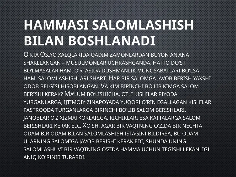 siga xabar berilgan, shundan so‘ng qizning uyiga sovchilar – “sovchi” yuborilgan. qizning ota-onasining turmush qurishga roziligi bilan “tort sindirish” (non sindirish) marosimi bo‘lib o‘tdi, shundan so‘ng ota-onaning kelishuvi yakunlangan deb hisoblanadi. bu yerda kelinning narxini, to‘yga tayyorgarlik ko‘rishni ham kelishib oldilar.keyingi bosqich qizning uyiga unashtirish (fotiha-tuy) bo‘lib, u kelinning narxini to‘lagandan keyingina, ota-onaga sovg‘a-salomlar taqdim etgandan keyingina amalga oshirilgan. va kelinning qarindoshlari. to‘y oldidan kuyovning uyiga oqsoqollar kengashi – “maslahat oshi” yig‘ildi. mo'l-ko'l taom tayyorlandi va tushlik paytida to'yni tashkil qilish masalalari muhokama qilindi va "romo" - asosiy boshqaruvchi ham tanlandi. u hamma narsani eng mayda tafsilotlarigacha o'ylab ko'rishi va ko'plab ijrochilarga ko'rsatmalar berishi kerak edi. nikoh tui" - asosiy to'y kelinning uyida boshlanib, kuyovnikiga o'tgan. "nikoh tui" - kelinning uyidagi asosiy marosim. kuyov bir guruh do'stlari va qarindoshlari bilan bu erga marosimga kelgan. to'y. kelinning oldiga ishonchli kishilarni (vakl) jo‘natgan mulla tomonidan bajarilgan (u nikohga rozi bo‘lgunga qadar alohida, …
