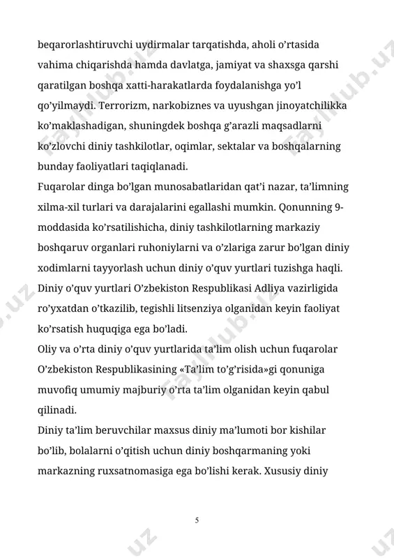 r, ijtimoiy ta’minlanish va sug’urta qilish xizmatlaridan foydalanadilar. umumiy asosda pensiya olish huquqiga egalar. qonunning oxirgi 23-moddasida «vijdon erkinligi va diniy tashkilotlar to’g’risida»gi qonunni buzgan kishilar qonun oldida javob berishlari ko’rsatilgan. konstitutsiyada hurfikrlilik, vijdon va diniy e’tiqod erkinligi masalalariga katta e’tibor berilgan. unda dinning tarbiyaviy ahamiyatiga yanada ko’proq e’tibor berilishi lozimligi ko’rsatilgan. o’zbekiston respublikasida ijtimoiy hayot siyosiy institutlar, mafkuralar va fikrlarning xilma-xilligi asosida rivojlanadi. uning hududida 15 ta diniy konfessiya vakillari istiqomat qiladilar. yuqoridagi qonunda keltirilganidek, ular konstitutsiya oldida huquq va majburiyat yuzasidan tengdirlar. konstitutsiyaning 12-moddasida ta’kidlanishicha, hech qanday mafkura davlat mafkurasi sifatida o’rnatilishi mumkin emas. shunga ko’ra hech qanday konfessiya boshqalaridan ustun deb qaralishi yoki ularga o’z ta’sirini o’tkazishga intilishi mumkin emas. dunyoviy davlat bu din davlatdan ajratilgan davlat. binobarin, din dunyoviy davlat ishiga, siyosatiga aralashmaydi. ayni paytda davlat diniy tashkilotlar zimmasiga o’zining hеch qanday vazifasini bajarishni yuklamaydi. ularning davlat qonunlariga zid bo’lmagan faoliyatiga aralashmaydi. dunyoviy davlat – bu …