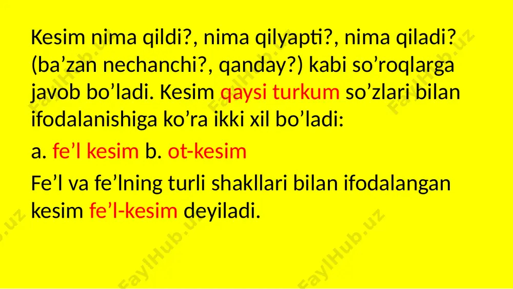 ) ahmoq do’stdan aqlli dushman yaxshidir. (-dir kesimlik qo’shimchasi) tadbir juda qiziqarli bo’ldi. (bo’lmoq fe’li) men o’qituvchiman. (shaxs-son qo’shimchasi) tilimizda shart mayli shakli (istak gaplardagi bundan mustasno) nomustaqil kesim shaklini yasashga xizmat qiladi. bunday kesimli gaplarning mustaqil ravishda qo‘llanishi uchun maxsus nutqiy sharoit talab etiladi. shaxs-son va zamon shakllaridagi fe’l kesimlar hamda bog‘lamasiz va bog‘lamali ot kesimlar mustaqil kesimlardir. m: qalb salomat bo‘lsa, (nomustaqil kesim) aql ham, fikr ham salomat bo‘ladi. (mustaqil kesim) agar shu ko‘rganlarini hikoya qilib bersa, (nomustaqil kesim) ular ishonmaydilar. (mustaqil kesim) sen yig‘lasang, (nomustaqil kesim) men ham qo‘shilib yig‘lab yuboraman. (mustaqil kesim) birlashgan o‘zar, birlashmagan to‘zar. yomg'ir yog‘sa, cho’llar yashnaydi. mehmonlar kelsa, biz ularni yaxshi kutib olamiz. semiz qo’y go’shti o’z yog’ida qovurildi. o'zingga ehtiyot bo’l, qo'shningni o’g’ri tutma. u birdaniga to'nini teskari kiyib oldi. /docprops/thumbnail.jpeg