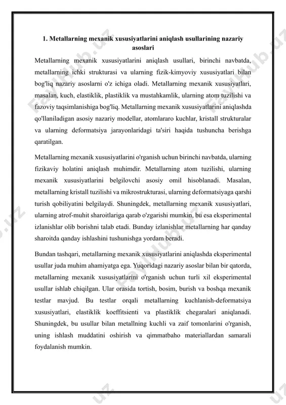 anishi, elastikligi va plastik deformatsiyasi kabi asosiy parametrlari aniqlanadi. har bir eksperimental metod o'ziga xos afzalliklari va kamchiliklariga ega, shuning uchun ularni tanlashda metallning xususiyatlariga va tadqiqot maqsadlariga qarab qaror qabul qilinadi. birinchi navbatda, metallarning kuchlanish-deformatsiya xususiyatlarini aniqlash uchun tortish testlari keng qo'llaniladi. ushbu testlar metall materialining kuchini va deformatsiya xususiyatlarini o'lchash imkonini beradi. tortish testlari davomida metallning namunasiga ma'lum kuch beriladi va uning deformatsiyasi o'lchanadi. bu jarayon davomida kuchlanish va deformatsiya o'rtasidagi bog'liqlik aniqlanadi, bu esa metallning mexanik xususiyatlarini belgilovchi muhim parametr hisoblanadi. tortish testlari o'z navbatida, standartlarga muvofiq amalga oshirilishi kerak, masalan, astm yoki iso standartlariga asoslanib. ikkinchi eksperimental metod - burish testlari. ushbu testlar metallning plastiklik xususiyatlarini o'rganish uchun ishlatiladi. burish jarayonida metallning qalinligi va uzunligi o'lchanadi va burilish burchagi aniqlanadi. bu testlar metallning shikastlanish darajasini ham belgilash imkonini beradi, masalan, metallning qanchalik yaxshi burilishini yoki qanchalik tez shikastlanishini ko'rsatadi. burish testlari, shuningdek, metallning mikrostrukturasini o'rganish uchun …