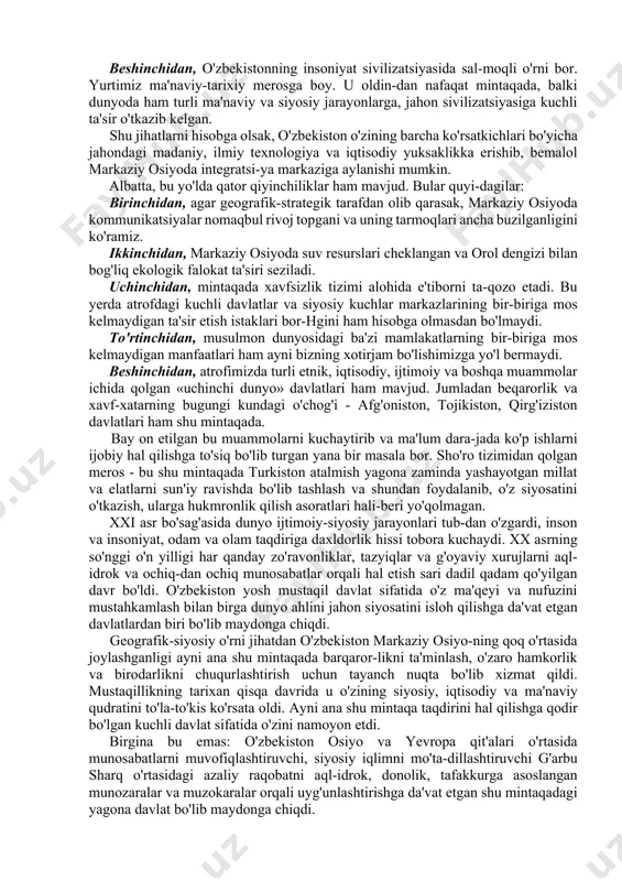zgarishi, kommunikatsiyalar yuksalishi, xalqa-ro munosabatlarning rivojlanishi va uning odamzod hayotiga ta'siri sezildi. davlatlar va xalqlar o'rtasida o'zaro birlashishga intilishni kuchaytirgan, ayni vaqtda milliy xususiyatlar, an'analar va ma'naviy merosni saqlab qolish orqali mustaqil siyosiy tamoyillarni ishlab chiqish zarur bo'ldi. turli davlatlararo va hukumatga daxli bo'lmagan xalqaro tashki-lotlarning ahamiyati oshib, dunyo yangi tizimga o'tishi davrida ular-ning faoliyatini qayta qurish va isloh etish ehtiyoji tug'ildi. bu o'z navbatida nega shunday qilish kerak, degan haqli savolni tug'diradi. buning javobi oddiy: ko'pchilik xalqaro tashkilotlarning faoliyatlari asosan davlatlarning o'zaro murosasini ta'minlashga qa-ratilgan edi, xolos. bugungi ahvol xalqaro tashkilotlardan eng yirik muammolarga ahamiyat berishni, jarayonlar ichiga kirib borishni, ta'sir doirasini kengaytirishni, hech bo'lmaganda, hammaga barobar odilona va xo-lisona munosabatda bo'lishni talab etadi. beshinchidan, rivojlanishning hozirgi bosqichida har qanday mamlakatning nufuzi, avvalo, uning eng yangi texnologiyalarni qa-bul qilish va foydalanish qobiliyatiga qarab belgilanadigan bo'ldi. yuqoridagilardan kelib chiqib, xulosa qilinsa, o'zbekistondagi o'tish davri boshqa yosh mustaqil mamlakatlarga nisbatan samara-liroq …
