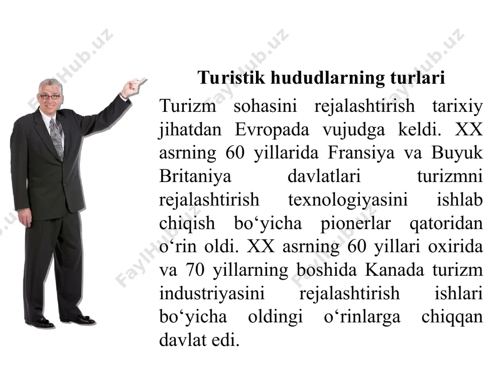va boshqarilishini hisobga olib, unda madaniy va tabiiy muhitni himoya qilish, mahalliy aholining turmush tarzini va yashash sifatini yaxshilash, turistlar uchun halqaro standartlarga javob beradigan imkoniyatlar yaratiladi. bu masalalarning ham xalqaro ham milliy, mintaqaviy ham mahalliy boshqaruv va rejalashtiruv doiralarida kelishilgan holda echilishni ta’minlaydi. turizmning barqaror taraqqiyoti - bu turistlar va turistik ob’ektlar hamda xizmat ko‘rsatish, turistik industriya tarafdorlarini atrof-muhit himoyasi va yuqori turmush tarziga intilayotgan mahalliy aholi ehtiyojlari bilan mushtarak tarzda olib boriluvchi texnologik jarayondir. rejalashtirish sub’ektining muhim vazifasi bu jarayonda rejalashtirish, taraqqiyot va boshqaruv mexanizmlaridan foydalangan holda ushbu hamkorlik va mushtaraklikni ta’minlashdan iboratdir. turizmni murakkab ijtimoiy - iqtisodiy tizim sifatida shuni nazarda tutish zarurki, turizmning rivoji nazoratsiz holga solib qo‘yilsa qiyin oqibatlar kelib chiqishi muqarrardir. turizmni tartibsiz darajada rejalashtirish oqibatida sodir bo‘lishi mumkin bo‘lgan ayrim ko‘rinishlari quyidagicha bo‘lishi mumkin: tabiiy muhitga ta’sir ko‘rsatish, bu atrof-muhit o‘zgarishini tezlashtiradigan yoki uning buzilishiga olib keladigan holat bo‘lib, hududda o‘ng‘aysiz tiqilinchlikni va …