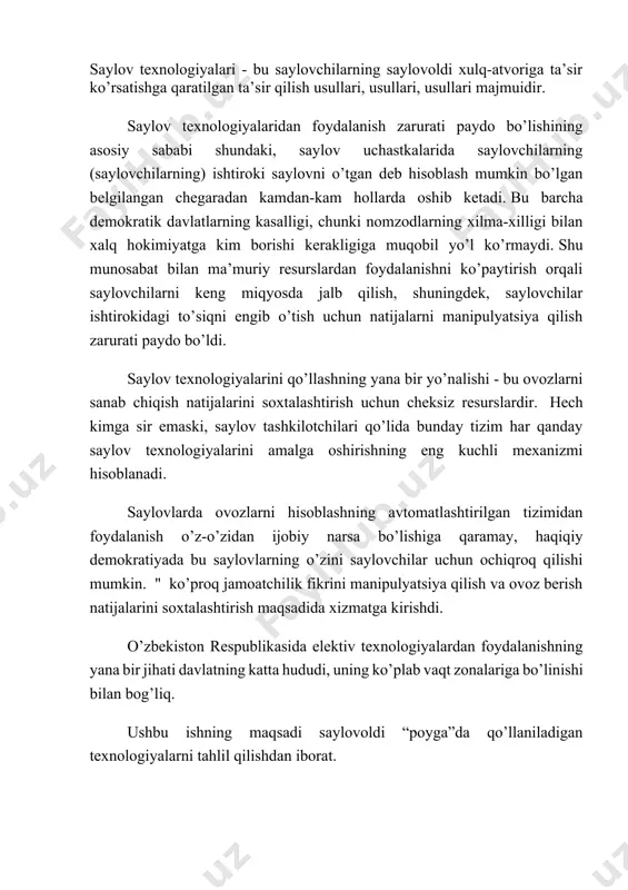 ng ma’nosida nomzodning jamoasi quyidagilarni anglatadi: 1) ushbu nomzodni qo’llab-quvvatlovchi iqtisodiy tuzilmalar; 2) rasmiy davlat organlari va tuzilmalari (prezident administratsiyasi, hokim, hokim, hukumat); 3) ushbu nomzodni qo’llab-quvvatlovchi barcha partiya tashkilotlari; 4) jamoat tashkilotlari va xayriya fondlari; 5) shtab-kvartirani ifodalovchi menejerlarning yadrosi, ya’ni. so’zning tor ma’nosida nomzodlar jamoasi. ushbu boshqaruvning maqsadlari nomzodning o’z oldiga qo’ygan vazifalari bilan belgilanadi. umuman olganda, boshlash shartlari uchun to’rtta variant bo’lishi mumkin: - nomzod saylovchilar tomonidan sezilarli darajada qo’llab-quvvatlanadi, lekin minimal byudjet. - nomzod saylovchilar tomonidan katta qo’llab-quvvatlanadi va katta byudjetga ega. - nomzod saylovchilarning minimal qo’llab-quvvatlashiga va minimal byudjetga ega. - nomzod saylovchilarning minimal qo’llab-quvvatlashiga ega, lekin cheksiz byudjetga ega. "siyosiy marketing" ekspertlarining ta’kidlashicha, barcha to’rtta variantda nomzodning saylanish yoki o’z maqsadlariga erishish uchun real imkoniyati bor va agar nomzodning malakali yordamchi jamoasi bo’lsa, bu imkoniyat sezilarli darajada oshishi mumkin. to’g’ridan-to’g’ri "yaxshi byudjet" - "yaxshi jamoa" munosabatlari yo’q, lekin "yaxshi jamoa" - "muvaffaqiyatli saylovlar" munosabatlari …