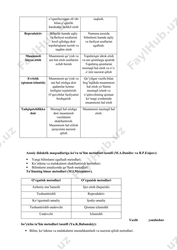 safar texnologik modeli va xaritasini tuzib kelishi kerak. hozir ko’p ta’kidlanayotgan texnologik model loyihalashga, texnologik xarita rejalashtirishga to’g’ri keladi. natijada har bir fanni o’qitish texnologiyasi yuzaga keladi. lokal daraja (mikro). mazkur darajaga tegishli texnologiyalar o’quv-tarbiya jarayonining ma’lum tarkibiy qismi, alohida shaxs sifatlarini shakllantirish, maxsus o’quv ko’nikma va malakalarini tarkib toptirishga xizmat qiladi. masalan, o’quvchilarning mantiqiy fikrlashini shakllantirish texnologiyasi, o’quvchilarning aqliy qobiliyatini rivojlantirish texnologiyasi va boshqalar. “metodika” va “texnologiya” tushunchalarining bahs doirasi bilan ham bog’liqlikda ayrim farqli jihatlarni ajratib ko’rsatish mumkin. jumladan, metodik tizim “qanday o’qitish?”, “nima uchun o’qitish?”, “nimaga o’rgatish?” kabi savollarga javob izlaydi, texnologiya esa, “qanday tarzda samarali o’qitishga erishish mumkin?” degan savolni markazga qo’yadi. metodika o’quv jarayoninin qanday tarzda tashkil etish lozimligini nazarda tutsa, texnologiya qay yo’sinda o’quv jarayonini eng qulay, maqbul tarzda amalga oshirishga diqqat-e’tiborni qaratadi. zamonaviy didaktikada ta’lim metodlari tasnifiga turlicha yondashuvlar. didaktik tadqiqotlar ko’rsatadiki, ta’lim metodlari nomenklaturasi (nomlanishi) va tasnifi ularni ishlab chiqishda tanlangan yondashuvga …