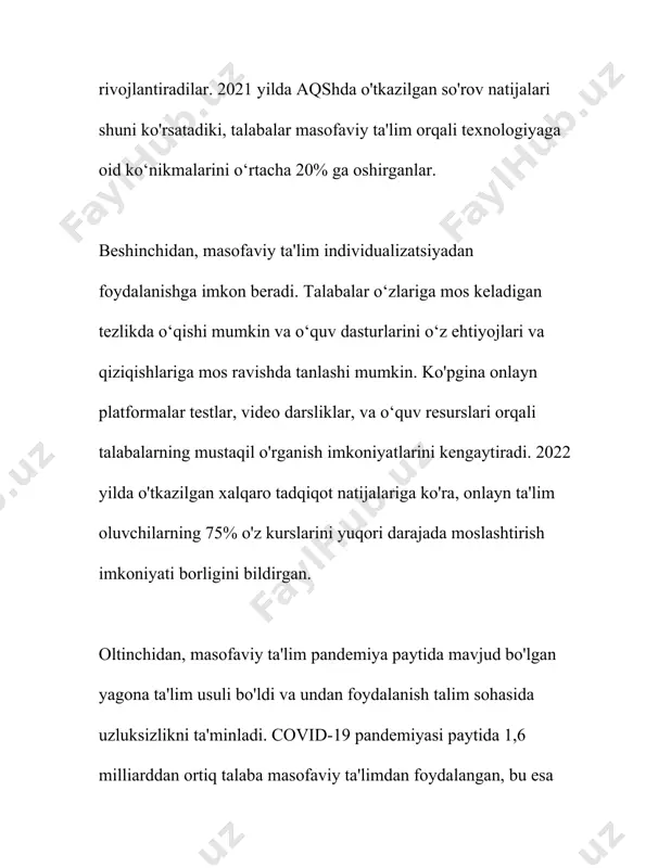 arish uchun ko'plab omillarni hisobga olish kerak. birinchidan, ta'lim jarayonini rejalashtirishda aniq maqsadlar va natijalar belgilanishi kerak. jahon banki ma'lumotlariga ko'ra, samarali ta'lim platformalari aniq va o'lchanadigan ta'lim maqsadlari bilan ishlaydi. bu maqsadlar uddalash mumkin bo'lgan vazifalarga aylantirilishi lozim. masalan, 2020-yilda amerikadagi ta'lim muassasalarining 77% qismi ta'limni onlayn formatga o'tkazishda qiyinchiliklarga duch kelgan, shuning uchun aniq rejalar ishlab chiqish zaruratli hisoblanadi. ikkinchidan, texnik infratuzilmani rivojlantirish muhimdir. unesco ma'lumotlariga ko'ra, jahon bo'ylab 1,5 milliarddan ortiq o'quvchi pandemiya davrida maktablar yopilganda onlayn ta'limga o'tishiga to'g'ri keldi. bu jarayonda internetga ulangan kompyuterlar, planshetlar va smartfonlar kabi qurilmalarga egalik darajasi muhim ahamiyat kasb etadi. 2021-yilda o'zbekistonda aholining 71% internetga ulanish imkoniyatiga ega bo'lgan, lekin bu natijalar hamon takomillashtirilishi kerak. uchinchidan, o'qituvchilarni onlayn ta'lim uchun tayyorlash zaruratlidir. ta'lim jarayonlari uchun kerakli ko'nikmalarga ega bo'lish o'qituvchilar samaradorligini oshiradi. masalan, 2021-yilgi so'rovnoma natijalariga ko'ra, o'zbekistonda o'qituvchilarning faqat 35% qismi onlayn ta'lim uchun yetarlicha tayyorlandi, boshqa davlatlardagi ko'rsatkichlar …