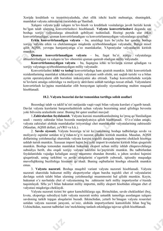 larning samarali rivojlanashini ta’minlashga qaratilgan mamlakatlar o’rtasidagi valyuta munosabatlarining yig’indisidir. xalqaro iqtisodiy munosabatlarning tarkibiy qismi sifatida u quyidagilarni o’z ichiga oladi: 1. xalqaro bitimlarda foydalaniladigan to’lov va kredit vositalarini (oltin, eng rivojlangan mamlakatlarning milliy valyutalari, xalqaro pul birliklari); 2. valyuta kurslarini o’rnatish va saqlab turish mexanizmini; 3. valyuta bozorining ishlash tartibini; 4. xalqaro hisob-kitoblarni amalga oshirish tartib va qoidalarini; 5. valyuta yordamida tartibga solish va nazorat qilish tizimini; 6. valyuta munosabatlarini tartibga solib turuvchi va jahon valyuta tizimining barqaror faoliyatini ta’minlovchi xalqaro tashkilotlar tizimi (xalqaro valyuta fondi, umumjahon banki, yevropa tiklanish va taraqqiyot banki). hozirgi zamonda xalqaro hisob-kitoblarda va kreditlashda asosan uch xil ko’rinishdagi pul vositalari ishlatiladi: - oltin, hozirda o’zining asosiy to’lov va hisob-kitob vositasi xususiyatini yo’qotgan bo’lsada, ammo ko’pchilik valyuta zahiralarining sezilarli qismini tashkil etadi va muhim tashqi savdo operatsiyalariga xizmat qilish va kreditlashni kafolatlash uchun ishlatiladi; - jahonda asosiy o’rin tutuvchi rivojlangan mamlakatlarning miliiy valyutalari (aqsh dollari, …
