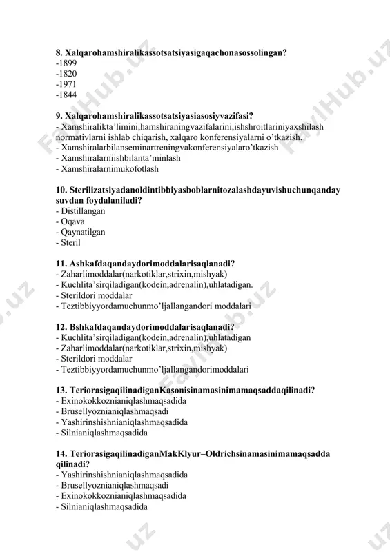 qlashmaqsadida · brusellyoznianiqlashmaqsadi · exinokokkoznianiqlashmaqsadida · silnianiqlashmaqsadida 15. teriorasigaqilinadiganmantusinamasinimamaqsaddaqilinadi? · silnianiqlashmaqsadida · exinokokkoznianiqlashmaqsadida · yashirinshishnianiqlashmaqsadida · brusellyoznianiqlashmaqsadi 16. teriorasigaqilinadiganbyurnesinamasinimamaqsaddaqilinadi? · brusellyoznianiqlashmaqsadi · silnianiqlashmaqsadida · exinokokkoznianiqlashmaqsadida · yashirinshishnianiqlashmaqsadida 17. mantusinamasigaqanchavaqtdanso’ngbahoberiladi? · 24soatdan-48soatgacha · birhafta muobaynida · 2soatichida · 12soatichida 18. anafilaktikshokbu ? · organizmdadorimoddalarininojo’yata’sirinatijasidayuzagakeladiganallergik reaksiya · dorimoddasiniin’eksiyaqilingansohadaqotibqolishi · infiltrathosilbo’lishi · in’eksiyaqilingansohagainfeksiyatushib,absesskelibchiqishi 19. eritilganantibiotiklarniqanchavaqtgachaishlatishmumkin? · 6soat · 2kun · 3kun · 4kun 20. emboliyabu ? · qontomirlargaqondaoqibkeluvchiyotmoddabo’lakchalarining(havo)tiqilib qolishi · qontomirlarnibuklanibqolishi · qontomirdevorinibutunliginibuzilishi. · qonningsuyulibketishi 21. venagain’eksiyaqilingandashusohadayuzagakeladiganvenani yallig’lanishi ? · flebit · furunkul · gidradenit · otit 22. tromboflebitbu…..? · venaqontomirlaridatrombhosilbo’lishivavenaniyallig’lanishi · venaqontomirlarinikengayishi. · qontomirdevorlarinitrombbilanto’libqolishi · furunkulbilanbirgakechadiganvenaniyallig’lanishkasalliklari. 23. yog’emboliyasibu…..? · yog’niqontomirlarigatushishi · yog’nilimfayo’llarigatushishi · havoniqontomirgatushishi · o’pkagayog’tiqilishi 24. dorimoddalarnitransdermalusuldayuborishbu……? · terinitashqiyuzasiorqali · teriostigain’ekisiyaqilish · teriorasigain’eksiyaqilish · qinshilliqpardasiorqali 25. anafilaktikshokniyengilturigahosbo’lganbelgilarniko’rsating · kvinkeshishi,qo’rquv,terbosishi,engiltoshmalar,boshaylanishi,quloq shang’illashi, qorinda belda , yurakda og’riq, tovush bo’g’ilishi , rinit va konyuktivit belgilari · ipsi