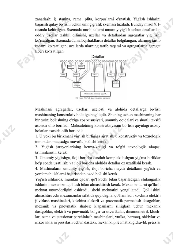 e) sozlash - mashina qismlarining o'zaro harakatlanishining lo'g'riligini tekshirish. mashinani umumiy yig'ishga quyidagi asosiy operatsiyalar kirishi mumkin: a) detallarni mahkamlash; b) qo'zg'almas detallarni yig'ish; d) harakatlanadigan detallarni yig'ish; e) aylanadigan detallarni yig'ish; f) harakatni uzatadigan detallarni yig'ish; g) detallarni yig'ish uchun belgilash (yakka tartibli va mayda seriyali ishlab chiqarishda); h) qismlar detallarining og'irligini o'lchab ko'rish va muvo- zanatlash; i) stanina, rama, plita, korpuslarni o'rnatish. yig'ish ishlarini bajarish qulay bo'lishi uchun uning grafik sxemasi tuziladi. bunday misol 9.1-rasmda keltirilgan. sxemada mashinalarni umumiy yig'ish uchun detallardan oddiy uzellar tashkil qilinishi, uzellar va detallardan agregatlar yig'ilishi ko'rsatilgan. sxemada dumaloq shakllarda detallar belgilangan, ularning tartib raqami ko'rsatilgan; uzellarda ularning tartib raqami va agregatlarda agregat liberi ko'rsatilgan. detallar mashinani agregatlar, uzellar, uzelosti va alohida detallarga bo'lish mashinaning konstruktiv holatiga bog'liqdir. shuning uchun mashinaning har bir turini bo'lishning o'ziga xos xususiyati, umumiy qoidalari va shartli tavsifi asosida olib boriladi. mahsulotning konstruksiyasini bo‘lish quyidagi asosiy holatlar asosida …
