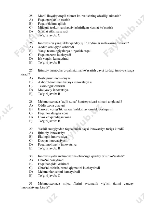 etishmovchilik b) raqobatning yo‘qligi c) xodimlarning o‘qitilmasligi d) rivojlanishga intilish e) to‘g‘ri javob: d 37. smart tizim orqali xona haroratini boshqarish nimaga xizmat qiladi? a) elektr toki yo‘q bo‘lishiga b) tejamkorlik va mijoz qulayligiga c) suv sarfini oshirishga d) konditsionerni ishdan chiqarishga e) to‘g‘ri javob: b 38. mehmonxona innovatsiyasida mijoz ehtiyojlarini aniqlashda nima asosiy rol o‘ynaydi? a) ichki nizom b) raqobatchi narxlari c) so‘rovnoma va tahlillar d) faqat reklama e) to‘g‘ri javob: c 39. innovatsion mehmonxona qanday xizmatlar bilan ajralib turadi? a) faqat standart xona b) faqat yuqori narx c) yangi texnologiyalar va mijozlarga yo‘naltirilgan xizmat d) rasmiyatchilik ko‘pligi e) to‘g‘ri javob: c 40. innovatsion o‘zgarishlarni xodimlarga qanday yetkazish lozim? a) gapirmaslik kerak b) hujjatda yozib, topshirish c) trening va seminarlar orqali tushuntirish d) og‘zaki topshiriq berish e) to‘g‘ri javob: c 41. smart texnologiyalar yordamida mehmonlar qanday foyda ko‘radi? a) faqat ko‘proq to‘lov b) qulaylik, tezkorlik va xizmat sifati c) …