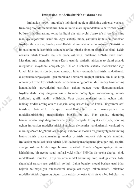 rilmasida). xotira qurilmasida va hizmat ko'rsatishni kutishda bo‘lgan buyurtmalar navbatni hosil qiladi, xotira qurilmasidagi hizmat ko‘rsatishni kutayotgan buyurtmalar soni navbat uzunligini belgilaydi. buferlash tartibi (bt) – xotira qurilmasi (bufer)ga tushayotgan buyurtmalarni xotiraga yozilish qoidasini tartibga soladi. hizmat ko‘rsatish tartibi (xkt) – buyurtmalarni qurilmada hizmat ko‘rsatish uchun navbat tanlash qoidasini tartibga soladi. buyurtmalarga hizmat ko‘rsatish vaqti. hizmat ko‘rsatish vaqti – buyurtmaning qurilmada bo‘lish vaqti ya’ni, umumiy holda, kattalik tasodifiy va funsiyasi yoki taqsimot zichligi bilan yoziladi. turli sinf buyurtmalariga hizmat ko'rsatish vaqtining yuklamasi bir jinsli bo‘lmagan holda, taqsimlash qonunlari yoki faqat o‘rtacha kattalik bilan farq qilishi mumkin. odatda har bir sinf buyurtmalariga hizmat ko‘rsatish vaqtining bog‘liq emasligi ko‘rsatiladi. buyurtmalar oqimini boshqarish strategiyasi. ommaviy hizmat ko‘rsatish modelida buyurtmalar oqimini boshqarish strategiyasi quyidagi ko‘rinishda beriladi: buferlash tartibi (bt); hizmat ko'rsatish tartibi (xkt). xkt va bt lar quyidagi xususiyatlari bo‘yicha tasniflanadi: - turli sinf buyurtmalari orasida imtiyozning bo‘lishi; - buyurtmalarni navbatga qo‘yish usuli (bt …