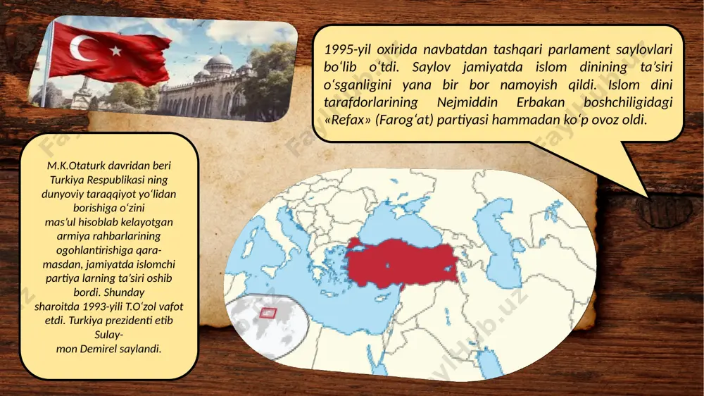 ruvi joriy qilindi. harbiy to‘ntarishga urinishdan keyin muxolifatga qarshi qat’iy harakatlari uchun aqsh va yi tomonidan tanqidga uchragan turkiya hukumati rossiya bilan yaqinlashish yo‘lini tutdi. turkiya prezidenti r. erdo‘g‘on rossiya prezidenti v. putin bilan bir necha bor uchrashib, ikki mamlakat o‘rtasida uzilib qolgan savdo, iqtisodiy va gumanitar aloqalarni tiklashga kelishib oldi. 2017-yil noyabr oyida rossiyaning sochi shahrida v. putin, r. erdo‘g‘on va eron prezidenti h. ruhoniy o‘rtasida muzokaralar o‘tkazilib, unda terrorchilikka qarshi hamkorlikda kurashishga, suriyada tinchlik o‘rnatishga qaror qilindi. turkiya (turkcha: türkiye), rasman — turkiya respublikasi (turkcha: türkiye cumhuriyeti) gʻarbiy osiyo (97% i) va janubi yevropa (3% i)dagi davlat. turkiyaham osiyo,ham yevropa qitʼasiga kiradi. turkiyaning poytaxti — anqara shahri. davlat tili — turk tili. maydoni — 783,562 km². aholi soni (2024) — 86,099,039 kishi. turkiya pul birligi — lira. turkiya respublikasi 81 ta viloyatlardan iborat. turkiya 14 ta davlat bilan chegaradosh. zamonaviy turkiya 1923-yilda usmonli imperiyasining birinchi jahon urushidagi magʻlubiyati …