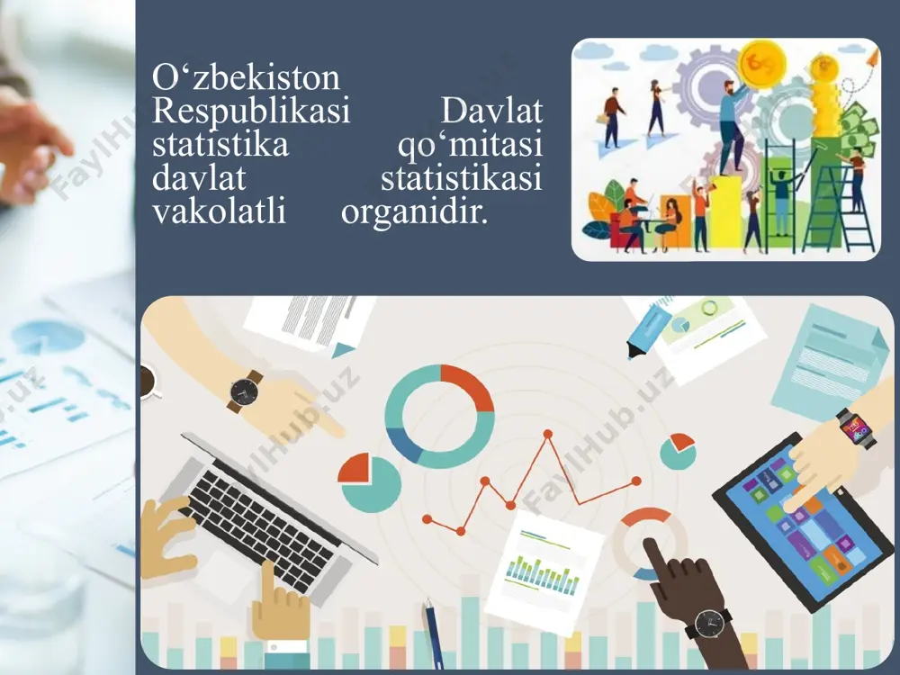 otlarini muntazam ravishda yig‘ib borishdan iborat bo‘lib, ular birlamchi hisob hujjatlari asosida va bevosita kuzatuvlar yo‘li bilan o‘tkaziladi. davlat statistika kuzatuvlarini o‘tkazish uslublari, agar qonun hujjatlarida boshqacha qoida nazarda tutilmagan bo‘lsa, davlat statistikasi vakolatli organi tomonidan belgilanadi. statistika ma’lumotlaridan foydalanish statistika ma’lumotlaridan davlat manfaatlarini ko‘zlab va ilmiy maqsadlarda, jamoatchilikni xabardor etish, bunday ma’lumotlardan foydalanuvchilarning huquqlari, erkinliklari va qonuniy manfaatlarini ta’minlash uchun foydalaniladi. davlat statistikasi organlari yuridik shaxslardan, ularning vakolatxonalari va filiallaridan, jismoniy shaxslar, shu jumladan yakka tartibdagi tadbirkorlardan olgan birlamchi statistika ma’lumotlari faqat jamlanma statistika ko‘rsatkichlarini tayyorlashda statistika maqsadlarida ishlatiladi hamda jamlanma holatda va egasi mavhumlashtirilgan tarzda e’lon qilinadi. davlat statistika hisobotlarini buzib ko‘rsatganlik, statistika ma’lumotlarini yashirganlik va davlat statistikasi to‘g‘risidagi qonun hujjatlarini boshqacha tarzda buzganlikda aybdor shaxslar qonunga muvofiq jinoiy, ma’muriy va boshqa yo‘sinda javobgar bo‘ladilar. e’tiboringiz uchun rahmat ! image2.jpeg image3.emf image4.emf image5.jpeg image6.png image7.jpg image8.jpg image9.jpeg image10.jpeg image11.jpeg image12.jpeg image13.jpeg image14.jpeg image15.jpeg image16.jpeg image17.jpeg image1.jpeg