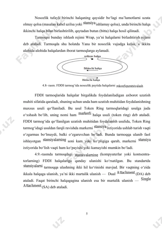 il koʻrinishi mavjud. bir vaqtning oʻzida ikkala halqaga ulanish, yaʼni ikki martalik ulanish — dual attachment (da) deb ataladi. faqat birinchi halqagagina ulanish esa bir martalik ulanish — single attachment (sa) deb ataladi. 4.9- rasm. stansiyalarni fddi halqalariga ulanishi. fddi standartida tarmoqqa oxirigi tugun sifatida stansiyalar (station), yaʼni kompyuterlar, hamda konsentratorlar (concentrator) ulanishi mumkin.stansiyalar ham, konsentratorlar ham tarmoqqa bir marta ham yoki ikki marta ham ulanishlari mumkin. shunga qarab ular quyidagicha nomlanadilar: sas (single attachment station), das (dual attachment station), sac (single attachment concentrator) i dac (dual attachment concentrator). bu tarmoqda ulagichlarning quyidagi xillari ishlatiladi. a va v tipidagi ulagichlar ikki marta ulanadigan qurilmalarda, m (master) va s (slave) tipidagi ulagichlar esa bir marta ulanadigan kompyuterlar va kontsentratorlarda ishlatiladi. fddi tarmogʻi nisbatan kattaroq tarmoqlarni magistral orqali bogʻlash va ularga yuqori tezlikda ishlaydigan serverlarni ulash uchun ishlab chiqarilgan edi. shuning uchun loyihachilar asosiy eʼtiborni maʼlumotlarni uzatish tezligini iloji boricha oshirishga va …