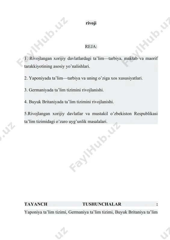 sh avlodni kasb-xunarga yo’naltirish hamda o’rta ta’limning ko’p variantli uchinchi bosqichini joriy etish, ta’lim-tarbiya berishda eng ilg’or pedagogik vositalarni qo’llash, ta’limda tashabbuskorlik va ijodkorlikka keng yo’l ochish, uning eng maqbul tizimlarini yaratish kabi chet el tajribalarini o’rganish maqsadga muvofiqdir. bugungi kunda keng ko’lamdagi islohotlarni o’z boshidan kechirayotgan bizning ta’limimiz uchun bu katta axamiyatga ega. keyingi yillarda chet el ta’limi bo’yicha ko’pgina maqolalar, broshyuralar, qo’llanmalar chop etildi, unga bag’ishlab seminarlar, anjumanlar, o’quvlar, uchrashuvlar o’tkazildi. bu bizning ta’lim tizimlarimizda, chet ellarda o’quv tarbiya ishlarining qo’yilishiga etibor va qiziqishning tez sur’atlar bilan o’sib borayotganligidan dalolatdir. xalq ta’limi tizimlarida chet el ta’limini o’rganish bilan shug’ullanuvchi muassasalar ham tashkil topmoqda. xalq ta’limi vazirligidan tashqari bu masala bilan respublika o’quv-metodika markazida, pedagogika fanlari ilmiy tadqiqot instituti tarkibida maxsus bo’limlar faoliyat ko’rsatmoqda, malaka oshirish markaziy instiutida bir qator kafedralar ish bilan shug’ullanmoqdalar. chet el ta’limi tizimlaridan bizning mutaxassislarni voqif qilishda bmtning o’zbekistondagi vakolatxonasi, elchixonalar, aqshning tinchilik korpusi …