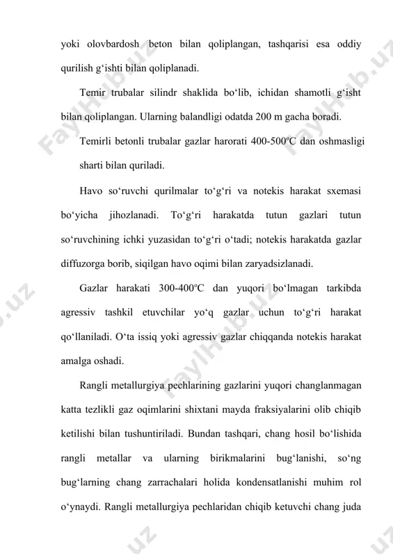 ganda hajm kamayishi natijasida gaz oqimi harakat tezligi kamayadi. buning natijasida chang yirik zarrachalari og’irlik kuchi ta’siri ostida cho‘ka boshlaydi. cho‘ktarish kameralari (7.1-rasm) va gazoxodlarda faqat yirikligi 100 mkmdan ortiq chang zarrachalari ushlab qolinib, f.i.k. 40-70 % ni tashkil etadi. katta hajm egallashi va f.i.k. pastligi sababli cho‘ktirish kameralari rangli metallurgiyada deyarli qo‘llanilmaydi; ularning vazifasini gaz tashiydigan gazoxodlar bajaradi. 1-rasm. cho‘ktarish kamerasining sxemasi hozirgi vaqtda quruq chang ushlagichlardan tsiklonlar keng tarqalgan hisoblanadi (2-rasm). tsiklonlarda chang ajralib chiqishi yopiq tsilindrik yoki konussimon bo‘shliqda paydo bo‘ladigan va og’irlik kuchidan bir necha marta ortiq bo‘lgan markazdan qochma kuch ta’sirida boradi. tsiklonlarda paydo bo‘ladigan markazdan qochma kuchlar chang zarrachalarini uning korpus devorlari tomon sochib tashlaydi va ular tashqi spiralsimon traektoriya bo‘yicha pastki chang zarrachalarini chiqarib yuborish tuynugi tomon harakatlanadi. konusning pastki qismigacha yetib kelgan gaz oqimi aylanib yana tepada o‘rnatilgan tuynukka qarab ichki spiralsimon harakat qiladi. tsiklonlarda chang zarrachalarini cho‘kish tezligi gaz oqimi aylanish …