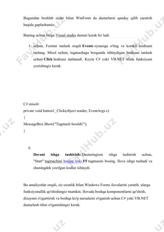 # yoki vb.net dasturlash tilini o'rganishingiz kerak. mavzuga oid masalalar: 1. form dizayni o'zgartirish: formning dizaynini o'zgartirish uchun turli komponentlarni joylashtiring va ularni o'zgartiring. masalan, matn maydonchalari, tugmachalar, rasm joylarini qo'shish va o'zgartirish, bo'yicha bir dastlabki mashq yozing. 2. tugmachaga bosilganda ma'lumot chiqarish: bir tugmachaga bosilganda, ekranga ma'lumot chiqarish uchun messagebox orqali oyna ochishni o'rganing. misol uchun, tugmachaga bosilganda "salom, dunyo!" degan xabar chiqarishni dasturingizga qo'shing. 3. matn kiritish oynasi va tugmachaga bosilganda ma'lumot chiqarish: matn kiritish uchun textbox qo'shing va undan kiritilgan matnni o'qib, uning ustida amal qilish uchun tugmachani qo'shing. tugmachaga bosilganda, matn maydonchasi ichidagi matnni o'qib, uni chiqarishni o'rganing. 4. rasm joyini qo'shish va uni o'zgartirish: rasm joyini qo'shing va bitta tugmachaga bosilganda rasmni o'zgartirish uchun kod yozing. bunda picturebox va turli rasm formatlarini qo'llashni o'rganishingiz muhim. 5. combo box (tanlash maydonchasi) ishlatish: combobox qo'shing va unda bir nechta elementlarni joylashtiring. combo box elementini tanlash uchun tugmachaga …