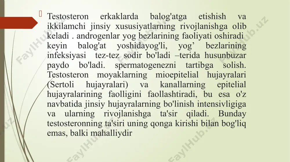 h bilan namoyon bo'ladi kattalardagi jinsiy bezlarning giperfunktsiyasining sababi interstitsialdan o'sadigan yaxshi va yomon xulqli o'smalar hujayralar. shu bilan birga, aniq klinik belgilar bilan bog'liq giperandrogenemiya, yo'q malign neoplazmalar bo'lsa xarakterli - kaxeksiyaning yo'qligi, mushaklarning saqlanishi mushak massasi va kuchi. giperfunksiyasi :anderogenlar giperfunuksiyasi oyoq va qol kalta bolishi mushaklarning kuchli rivojlanish kichik gerkules paydo boladi ganadatrop giperfunksiyasida moyaklarda tublarida yetuk spermazoidlar paydo boladi qoltiq osti pubik yuzda tuklar paydo boladi e’tiboringiz uchun rahmat image1.jpeg /docprops/thumbnail.jpeg