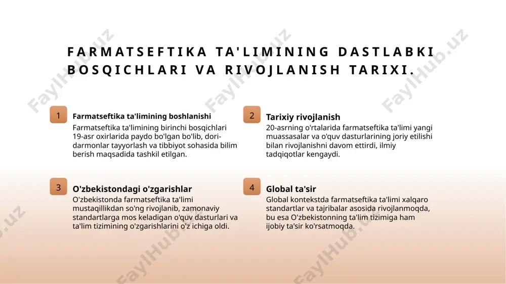 r, o'qitish samaradorligini oshirish va talabalarni jalb qilishda muhim ahamiyatga ega. o'quv dasturlarining global standartlarga moslashtirilishi. 01 global standartlar farmatseftika ta'limida global standartlar xalqaro darajada qabul qilingan o'quv dasturlari va malakalarga asoslanadi, bu ta'lim sifatini oshiradi. 02 ta'lim tizimidagi o'zgarishlar o'zbekistonda farmatseftika ta'limida global standartlarga moslashtirish jarayoni, o'quv dasturlarining zamonaviy talablar bilan yangilanishini ta'minlaydi. 03 innovatsion metodlar global standartlarga mos o'quv dasturlari innovatsion pedagogik metodlarni qo'llab-quvvatlaydi, bu esa talabalarning o'zaro hamkorligini va ijodkorligini oshiradi. 04 global hamkorlik o'zbekistonning farmatseftika ta'limi global hamkorlik orqali tajriba almashish imkoniyatlarini kengaytiradi, bu esa xalqaro tajribalarni o'zlashtirishga yordam beradi. o'zbekistondagi farmatseftika ta'limida innovatsion yondashuvlar. innovatsion texnologiyalar o'zbekistonda farmatseftika ta'limida innovatsion texnologiyalar, masalan, masofaviy o'qitish va raqamli platformalar orqali o'quv jarayonini yangilashda qo'llanilmoqda. amaliy ta'lim o'quv dasturlarida amaliy ta'limning roli oshmoqda. stajirovkalar va laboratoriya mashg'ulotlari talabalar uchun haqiqiy tajriba taqdim etadi, kasbga tayyorlaydi. kooperatsiya o'zbekistonda farmatseftika ta'limida xalqaro hamkorlikni rivojlantirish, bilim almashish va global tajribalarni tatbiq …