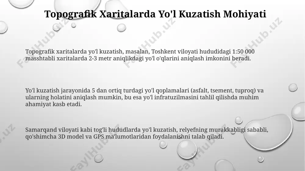 yati, samarqand shahridagi 10 km uzunlikdagi yo'l qurilishi loyihasini optimallashtirishda katta yordam beradi. topografik xaritalardagi 200 dan ortiq balandlik izolini aniq o'lchovlar bilan tahlil qilish, yo'lning qiyaligi va murakkabligi bo'yicha to'liq ma'lumot beradi, toshkent viloyati misolida ko'rsatilishi mumkin. kamera kuzatishning afzalliklari yuqori aniqlikdagi kameralar yordamida, masalan, farg'ona vodiysidagi tor yo'llarda ham 5 metrgacha aniqlik bilan transport vositalarining harakat traektoriyalarini aniqlash mumkin, bu yo'l rejalashtirishda muhim ahamiyatga ega. kamera orqali kuzatish, 24/7 uzluksiz monitoringni ta'minlab, samarqand viloyati singari keng hududlardagi yo'l holatini va transport oqimini doimiy ravishda nazorat qilishga imkon beradi. kamera kuzatish, masalan, toshkent shahri kabi zich joylashgan hududlarda 1000 dan ortiq transport vositalarining harakatini real vaqtda kuzatish imkonini beradi, bu esa yo'l harakati tahlilida yuqori aniqlikni ta'minlaydi. e'tiboringiz uchun rahmat @taqdimot_robot image1.png image2.png image3.png