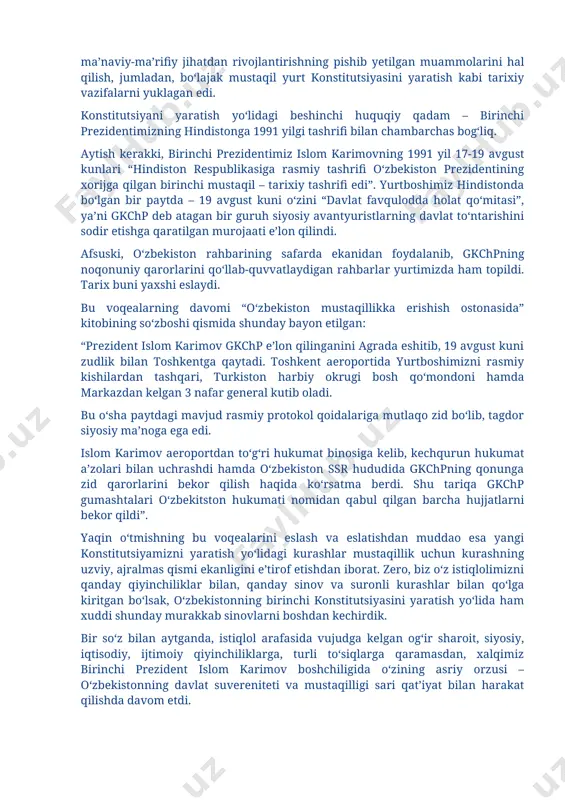 amlakatlar konstitutsiyaviy qonunchiligi erishgan yutuqlarni inobatga oladigan asosiy qonun loyihasini tayyorlashga bevosita rahbarlik qildi. ushbu vazifalarni amalga oshirishda birinchi prezidentimiz buyuk davlat va jamoat arbobi, iste’dodli siyosiy yetakchi sifatida namoyon bo‘ldi. shu ma’noda, o‘zbekiston konstitutsiyasining tashabbuskori, ilhomlantiruvchisi va asosiy muallifi mamlakat prezidenti hisoblanadi. binobarin, taqdir islom karimov zimmasiga jamiyatni yangilash, o‘tish davrining murakkab sharoitida davlatimizni ijtimoiy-iqtisodiy, siyosiy, davlat-huquqiy va ma’naviy-ma’rifiy jihatdan rivojlantirishning pishib yetilgan muammolarini hal qilish, jumladan, bo‘lajak mustaqil yurt konstitutsiyasini yaratish kabi tarixiy vazifalarni yuklagan edi. konstitutsiyani yaratish yo‘lidagi beshinchi huquqiy qadam – birinchi prezidentimizning hindistonga 1991 yilgi tashrifi bilan chambarchas bog‘liq. aytish kerakki, birinchi prezidentimiz islom karimovning 1991 yil 17-19 avgust kunlari “hindiston respublikasiga rasmiy tashrifi o‘zbekiston prezidentining xorijga qilgan birinchi mustaqil – tarixiy tashrifi edi”. yurtboshimiz hindistonda bo‘lgan bir paytda – 19 avgust kuni o‘zini “davlat favqulodda holat qo‘mitasi”, ya’ni gkchp deb atagan bir guruh siyosiy avantyuristlarning davlat to‘ntarishini sodir etishga qaratilgan murojaati e’lon qilindi. afsuski, …