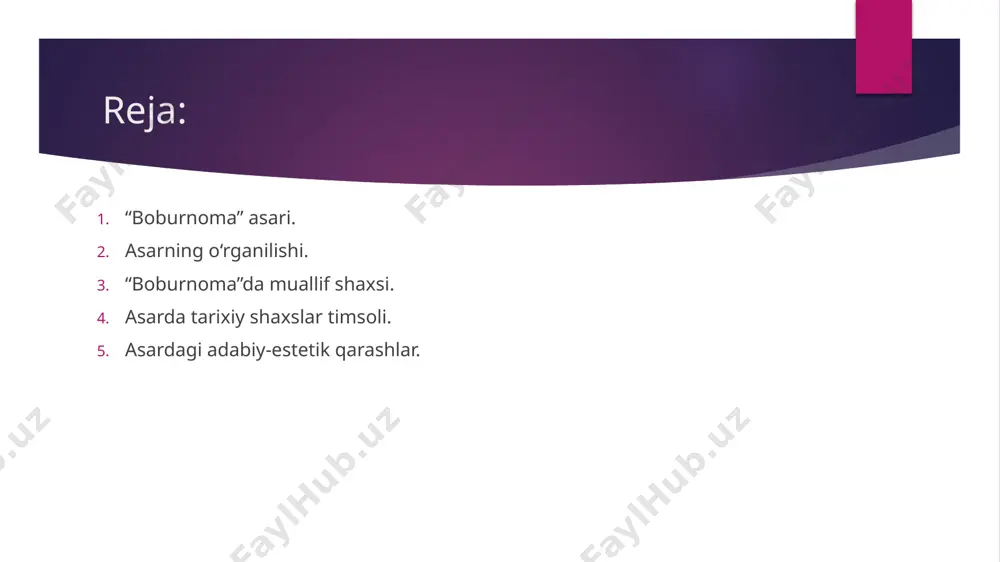 tgan. . bobur g‘azallari o‘ziga xos xususiyatlarga ega. ular qisqa hajmli. u, asosan, 5-7 baytli g‘azallar yaratgan. 4 baytlilari ham uchraydi. musajja’ g‘azalning noyob namunalarini ijod etgan. mumtoz adabiyotda noyob hisoblangan «masnu’» g ‘azal ham yaratgan. shoir, ayniqsa, ruboiy janrida o‘zining betakror iqtidorga egaligini namoyish eta olgan. u an’anaviy janrni takomillashtirishga erishadi. ayrim ruboiylarida taxallus qo‘laydi. shoir mumtoz adabiyotda faol hisoblan­gan - tuyuq, qit’a, fard, masnaviy kabi janrlarda ham o‘z mahoratini ko‘rsata olgan. u zullisonayn shoir. ikki- turk va fors tilida erkin ijod qila olgan. shoir she’riyatining mavzu qamrovi xilma-xil. ularni shartli ravishda oshiqona, hasbi hol, falsafiy-orifona yo‘nalishlarga ajratib talqin etish mumkin. har yong ‘aki azm etsam, yonimda borur mehnat, har sorikim yuzlansam, o‘trumg'a kelur qayg‘u. yuz javr-u sitam ko‘rgan, ming mehnat-u g'am ko‘rgan, osoyishi kam ko‘rgan mendek yana bir bormu ?! haqiqatan, ezgulik izlaganidan yovuzlik ko‘rgan, xayrixohlik kutganidan badxohlik qaytgan ko‘ngil muayyan darajada vaqtincha badgumonlikka berilishi, yaxshidan ham, yomondan …