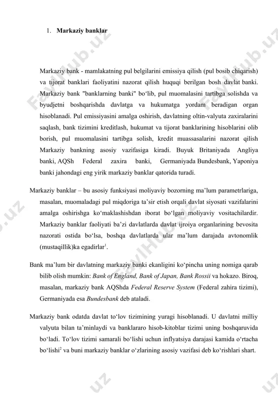 . biroq, ko‘p davlatlarda ulardan aholining to‘liq bandligini hamda davlat iqtisodiy o‘sishini ta’minlash kabi maqsadlarga erishishga yo‘naltirilgan harakatlarni kutishadi. bunday davlatlarda markaziy banklarga ko‘pincha bir-biri bilan nizoli maqsadlarni balans (muvozanat)ga keltirish: narxlar barqarorligini va aholining to‘liq bandligini ta’minlash yuzasidan barcha choralarni ko‘rishiga to‘g‘ri keladi. mamlakatimizda markaziy bankning asosiy maqsadlari quyidagilardan iborat: · narxlari barqarorligi; · bank tizimining barqarorligi va rivojlanishi; · to‘lov tizimining barqarorligi va rivojlanishi. belgilanishicha, foyda olish markaziy bankning asosiy maqsadi emas. bundan tashqari, markaziy bankning asosiy vazifalari quyidagilardan iborat: · pul-kredit siyosati va valyuta siyosatini ishlab chiqish va amalga oshirish; · valyutani tartibga solish va valyutani nazorat qilishni tashkil etish va amalga oshirish; · bank tizimining barqarorligini ta'minlash, mikrokredit tashkilotlari va lombardlar faoliyatiga ko‘maklashish; · o‘zbekiston respublikasida to‘lov tizimlarining faoliyatini muvofiqlashtirish va ta'minlash; · banklar, bank xoldinglari, mikrokredit tashkilotlari, lombardlar, valyuta birjasi va kredit byurolari faoliyatini litsenziyalash va tartibga solish; banklar, bank xoldinglari, mikrokredit tashkilotlari, lombardlar va …