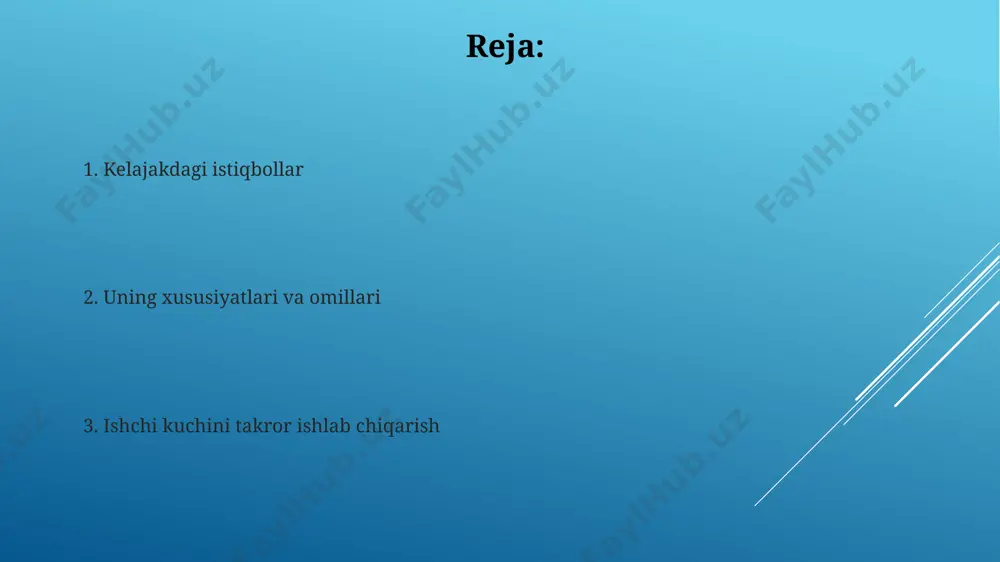 , chunki 20-30% ishchi kuchining to'ldirilishi boshqa hududlardan kelgan muhojirlar hisobiga amalga oshiriladi. demografik o'zgarishlar, xususan, tug'ilish darajasi pasayishi va o'lim darajasi oshishi, ishchi kuchining takror ishlab chiqarilish jarayoniga salbiy ta'sir ko'rsatib, ishsizlik darajasini 5-10% ga oshirishi mumkin. e'tiboringiz uchun rahmat @taqdimot_robot image1.jpg image2.jpg image3.jpg image4.jpg image5.jpg