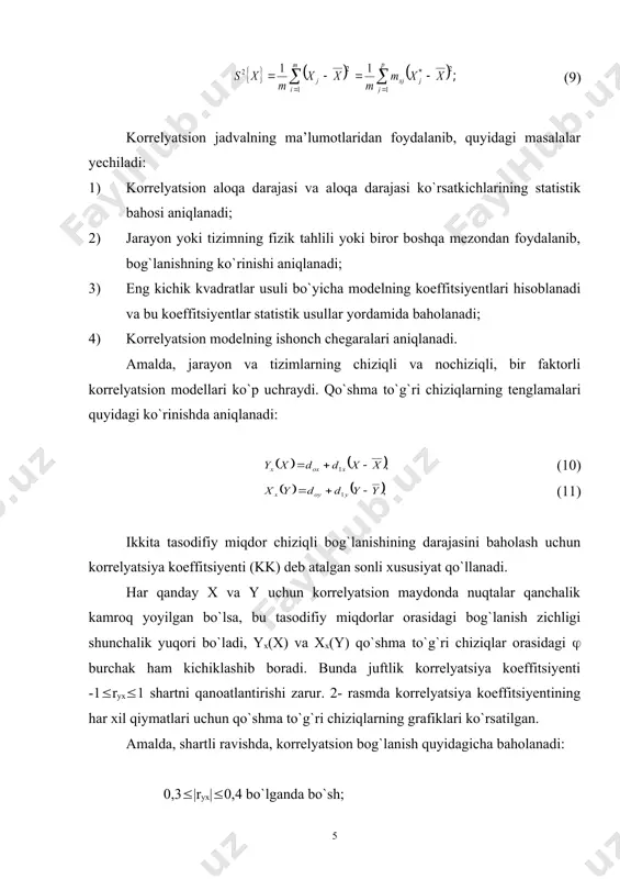 nisbatlar aniqlanadi: (30a) (31) 17. styudent mezonidan foydalanib, korrelyatsion nisbatning ahamiyatliligi aniqlanadi: 7- ilovadan styudent mezonining tj[rd=0,95; f=m–2=98]=1,98. jadval qiymatini topamiz, tx> tj bo`lgani uchun, korrelyatsion nisbat ahamiyatli hamda y va x orasidagi korrelyatsion bog`lanishning mavjudligi inkor etilmaydi. korrelyatsion nisbatning ishonchlilik intervali ham korrelyatsiya koeffitsiyenti uchun foydalanilgan formulalar bo`yicha aniqlanadi. 18. y va x orasida chiziqli bog`lanishning mavjudligi (24) fisher mezoni bo`yicha aniqlanadi: fisher mezonining jadval qiymati 2- ilovadan topiladi. fj[rd=0,95; fsurat=r-2=10-2=8; fmaxraj= m-r=100-10=90]=2,99. g`x tj, tx{d1y}>tj, shartlar bajarilganligi uchun ikkala koeffitsiyentlar ham ahamiyatlidir. 21. izlangan tenglamalar koeffitsiyentlarining ishonchlilik intervallari quyidagi tengsizliklardan aniqlanadi:: d1x -({ d1x } ( (x ( d1x +({d1x} d1y -({ d1y } ( (y ( d1y +({d1y} bunda koeffitsiyentlarning absolyut ishonchlilik xatoliklari quyidagi formulalardan aniqlanadi: shunday qilib, (10) va (11) korrelyatsion tenglamalar koeffitsiyentlarining izlangan intervallari quyidagicha bo`ladi: 0,0178-0,00272=0,01508 ( (x (0,0178+0,00272=0,02052; 35,1275-5,3613=29,7662 ( (u ( 35,1275+5,3613=40,4848. 22. (x*j ning har bir qiymati uchun, y ning shartli …