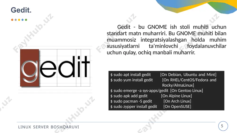 l gvim $ sudo yum install gvim rocky/almalinux] $ sudo emerge -a sys-apps/gvim [on gentoo linux] $ sudo apk add gvim [on alpine linux] $ sudo pacman -s gvim [on arch linux] $ sudo zypper install gvim [on opensuse] 19 linux server boshqaruvi gvim - xususiyatlaridan ba'zilari:. 20 linux server boshqaruvi geany muharriri. geany - bu gtk+ asboblar to'plamidan foydalangan holda dasturiy ta'minotni ishlab chiqishga qaratilgan asosiy ide-ga o'xshash xususiyatlarni taklif qiluvchi kichik va engil integratsiyalashgan ishlab chiqish muhiti . [on debian, ubuntu and mint] [on rhel/centos/fedora and $ sudo apt install geany $ sudo yum install geany rocky/almalinux] $ sudo emerge -a sys-apps/geany [on gentoo linux] $ sudo apk add geany [on alpine linux] $ sudo pacman -s geany [on arch linux] $ sudo zypper install geany [on opensuse] 21 linux server boshqaruvi geany - xususiyatlaridan ba'zilari:. sintaksisni ta'kidlash. ulanadigan interfeys. ko'p fayl turlarini qo'llab-quvvatlaydi. kodni katlama va kod …